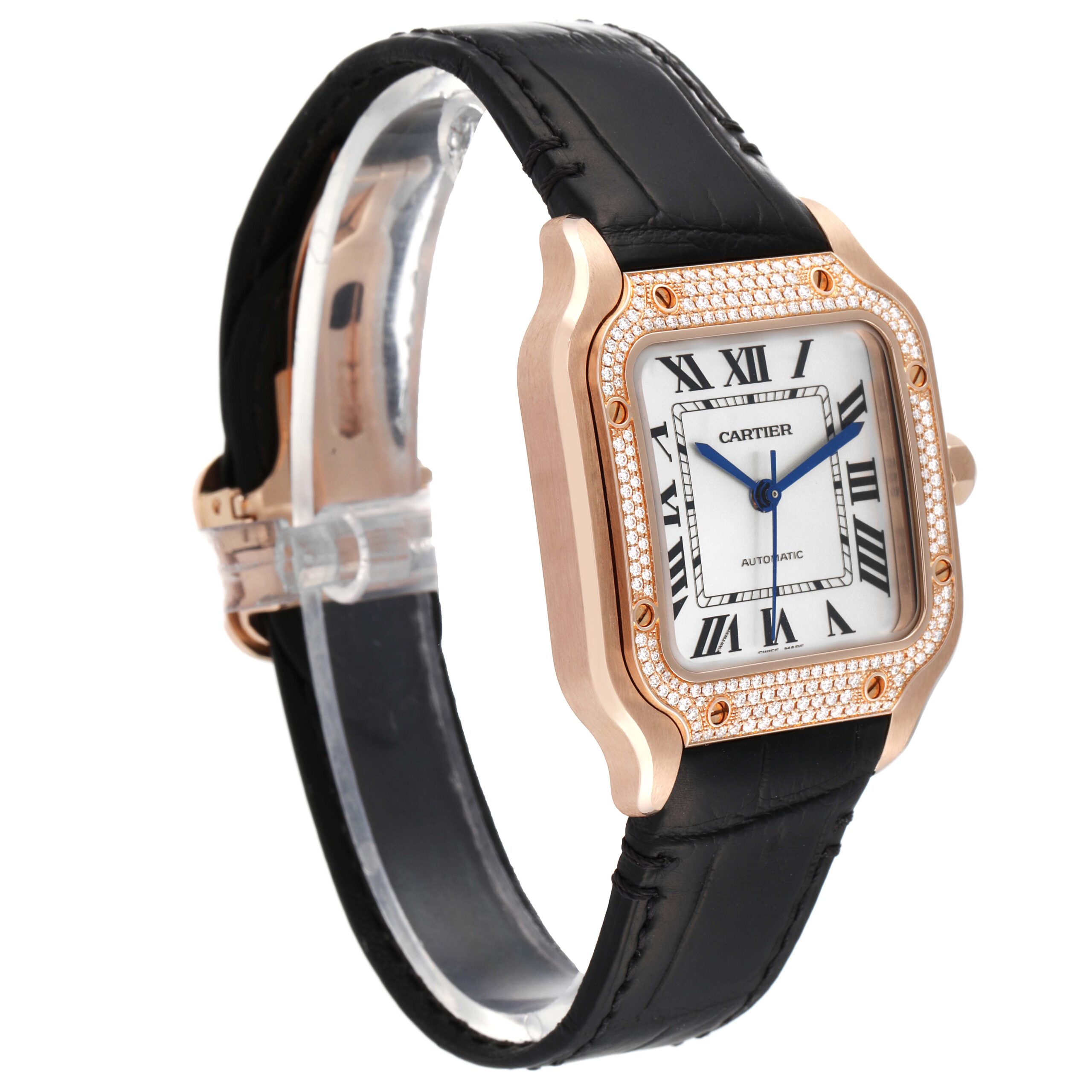 Cartier Santos Midsize Rose Gold Diamond Mens Watch WJSA0007 Box Card