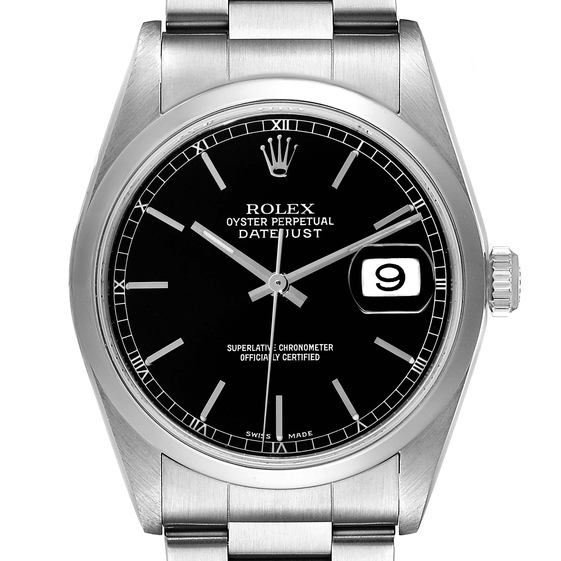 Rolex Datejust Black Dial Smooth Bezel Steel Mens Watch 16200 Box Papers