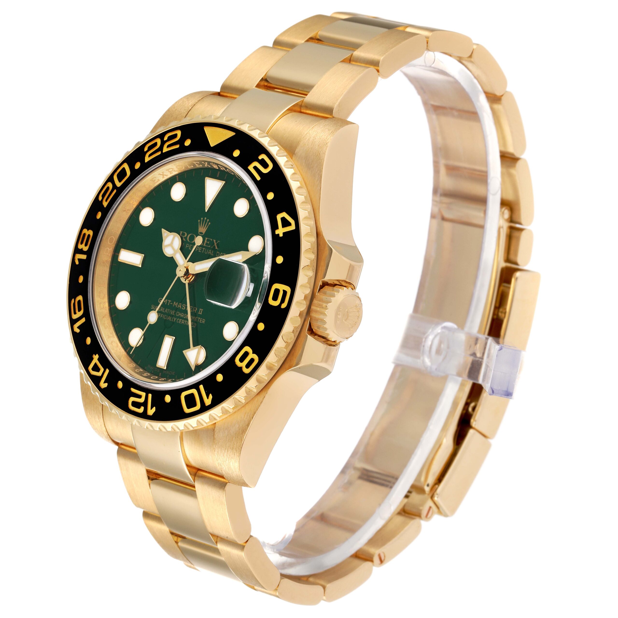 Rolex GMT Master II 18K Yellow Gold Green Dial Mens Watch 116718