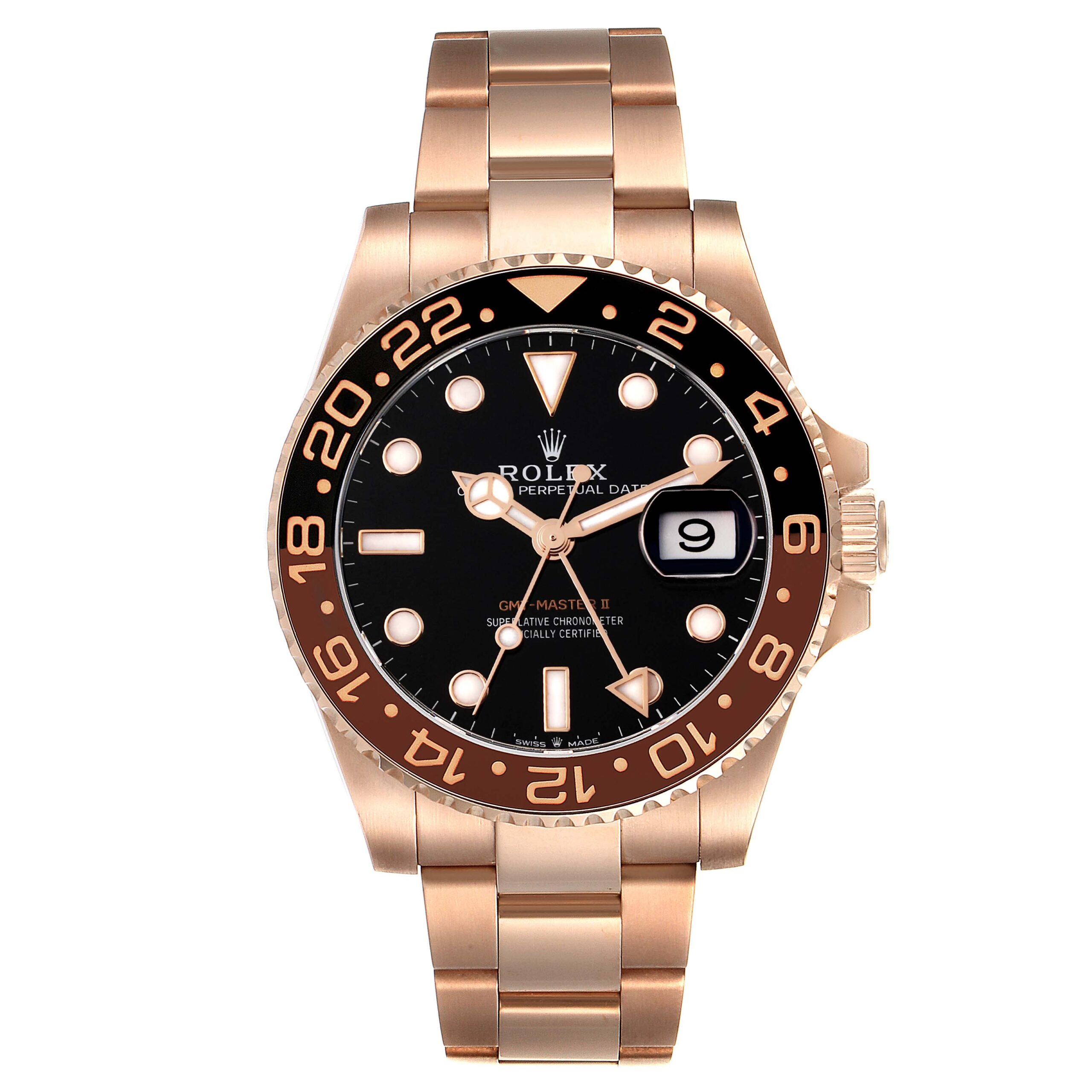 Rolex GMT Master II Black Brown Root Beer Rose Gold Mens Watch 126715 Box Card