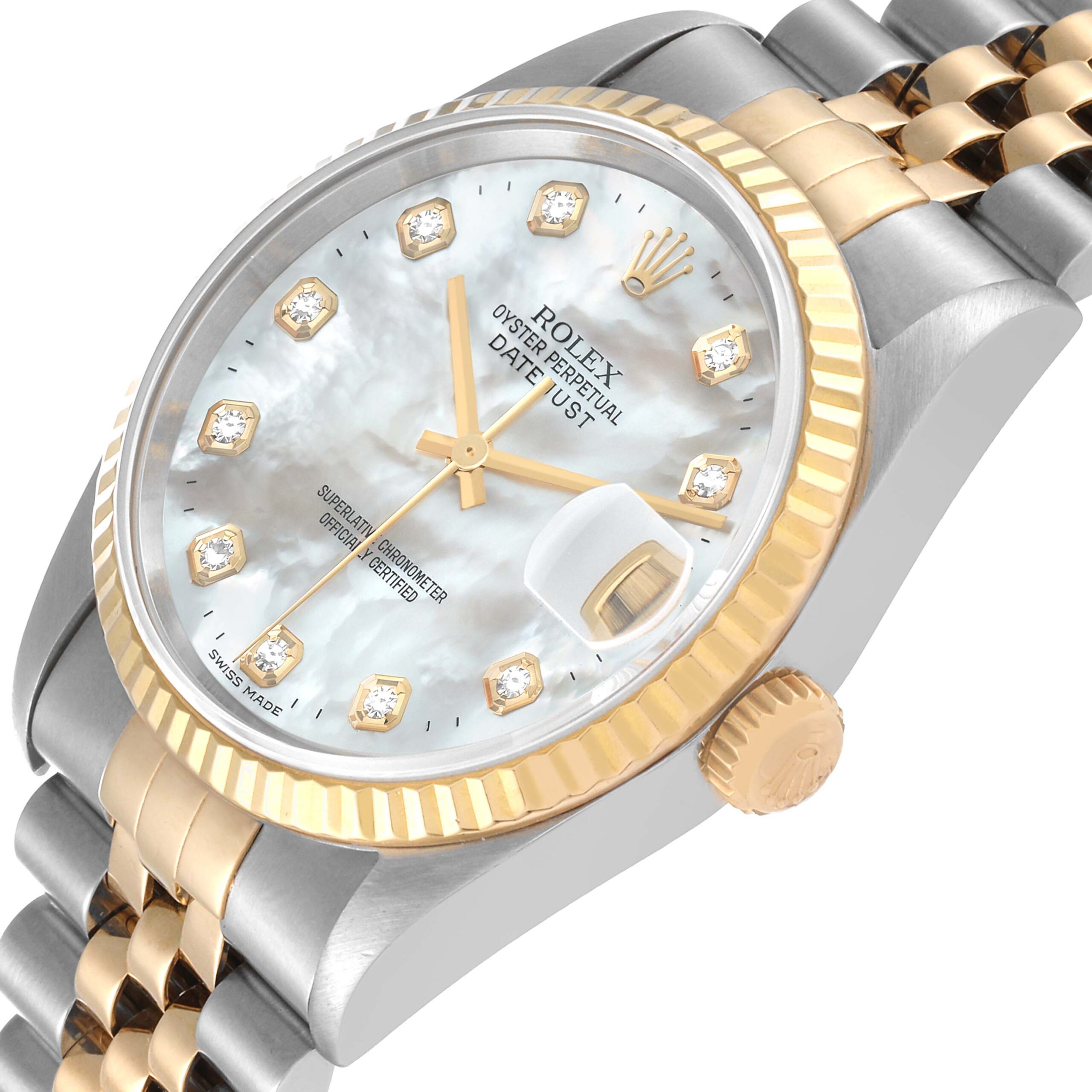 Rolex Datejust Steel Yellow Gold Mother of Pearl Diamond Dial Mens Watch 16233