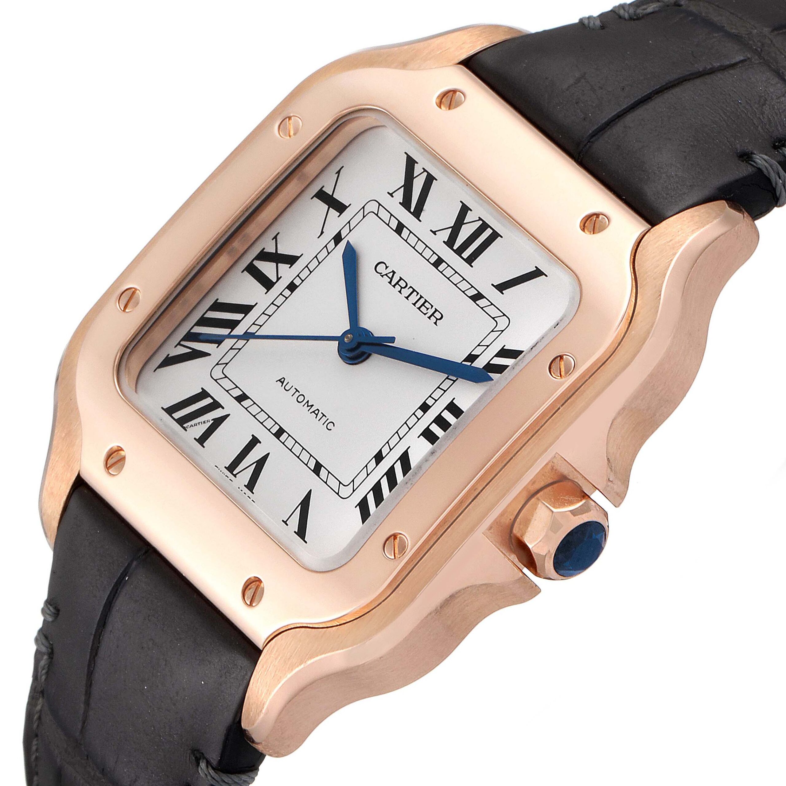 Cartier Santos Midsize Rose Gold Grey Strap Mens Watch WGSA0012 Box Card