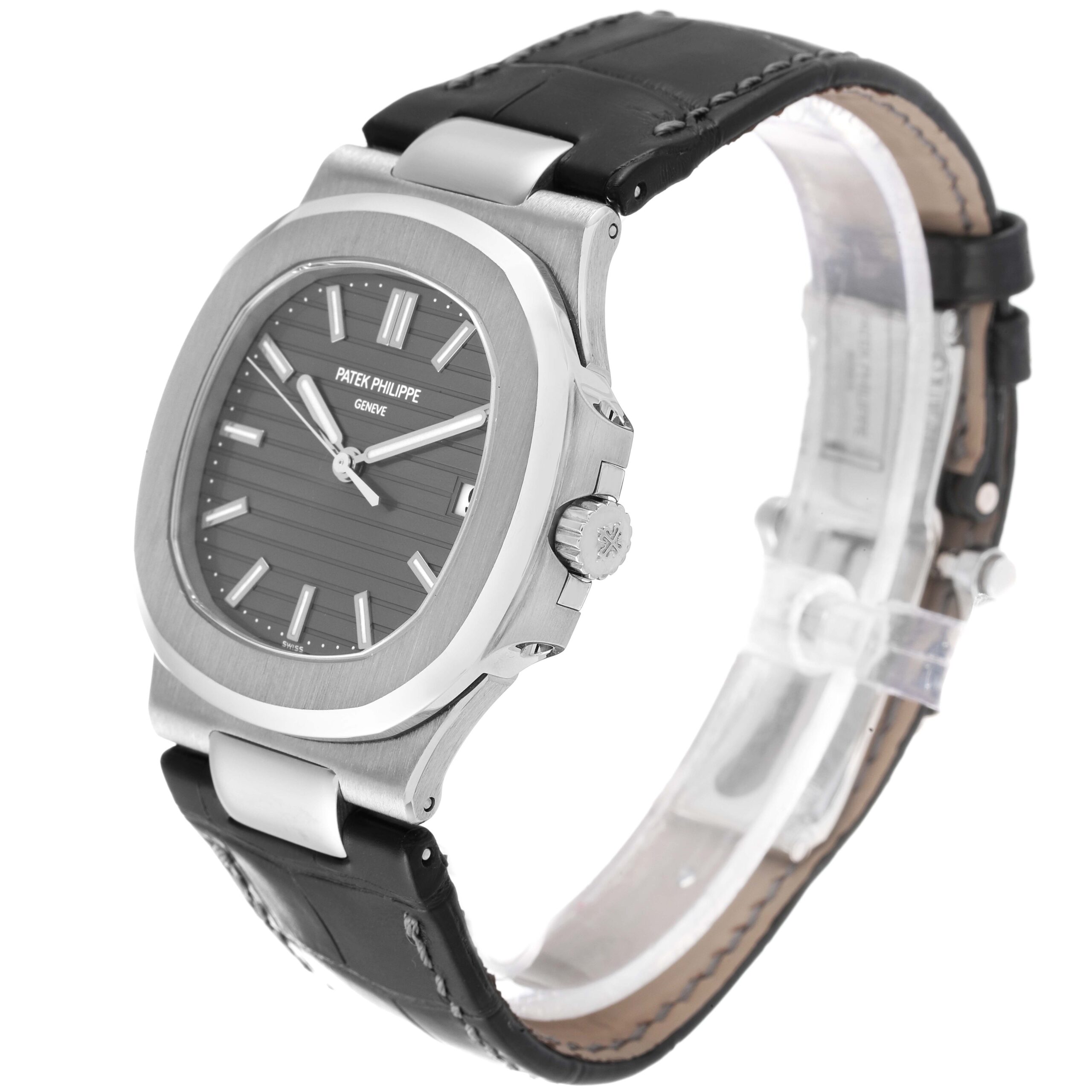 Patek Philippe Nautilus 18K White Gold Black Strap Mens Watch 5711 Box Papers