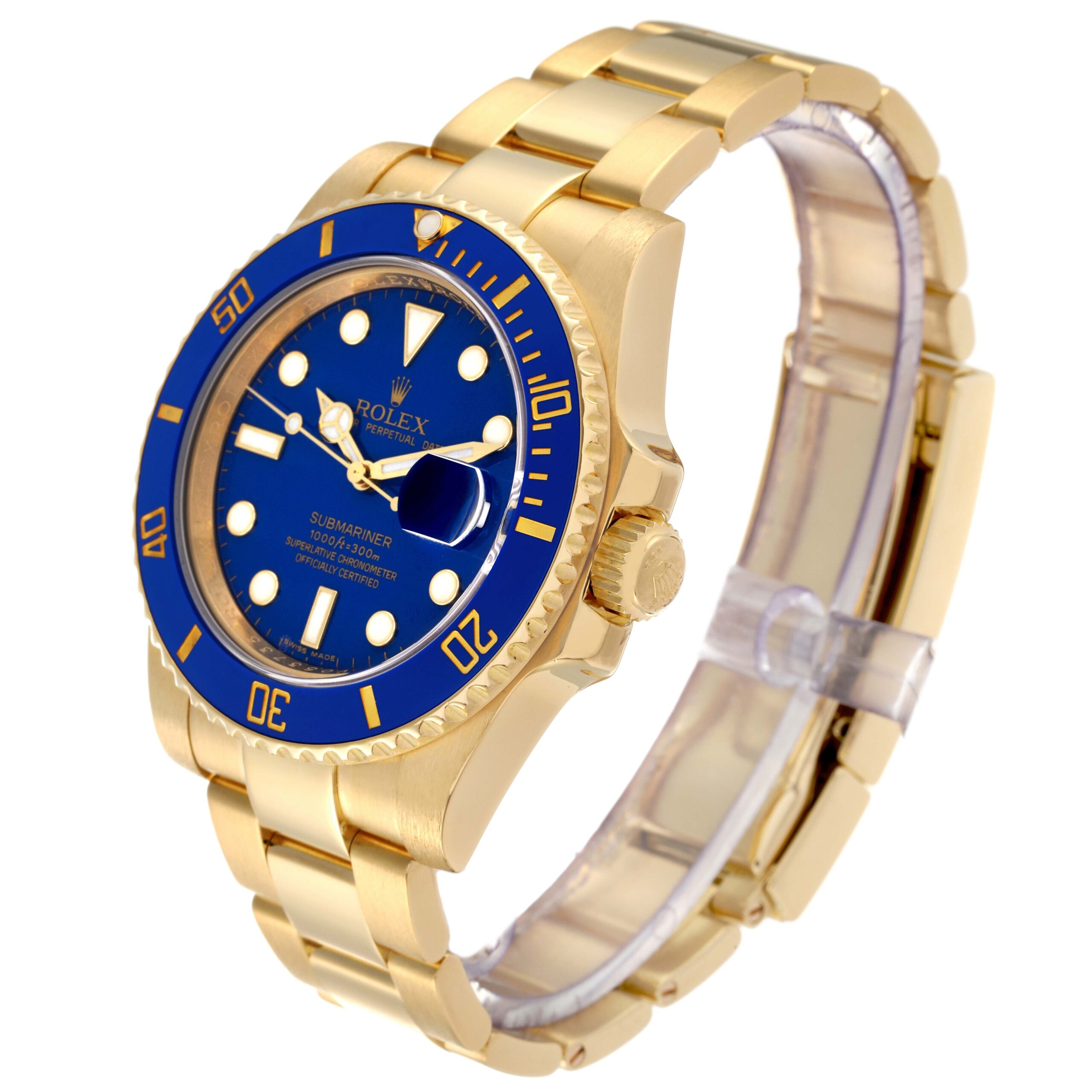 Rolex Submariner Yellow Gold Blue Dial Ceramic Bezel Mens Watch 116618