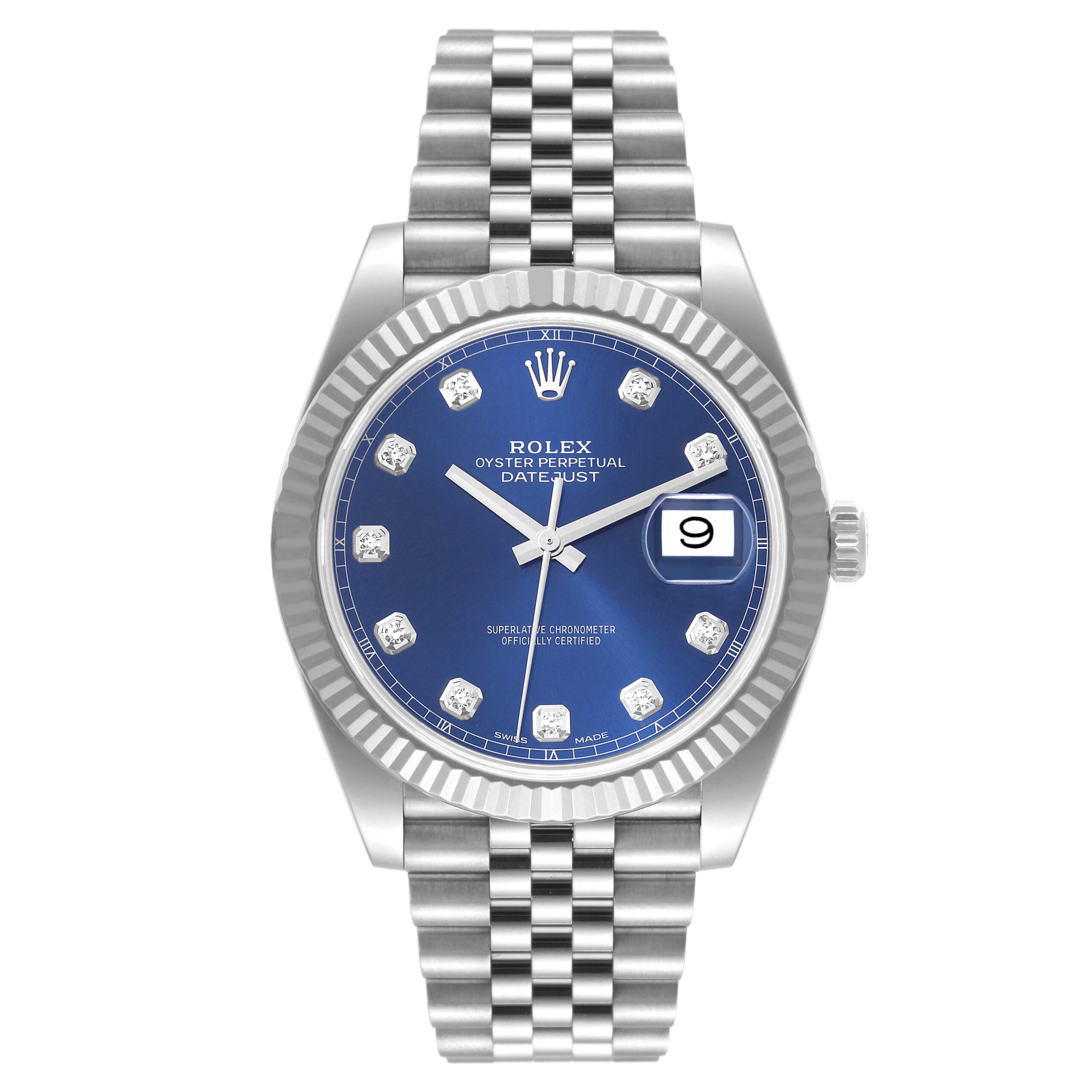 Rolex Datejust 41 Steel White Gold Blue Diamond Dial Mens Watch 126334