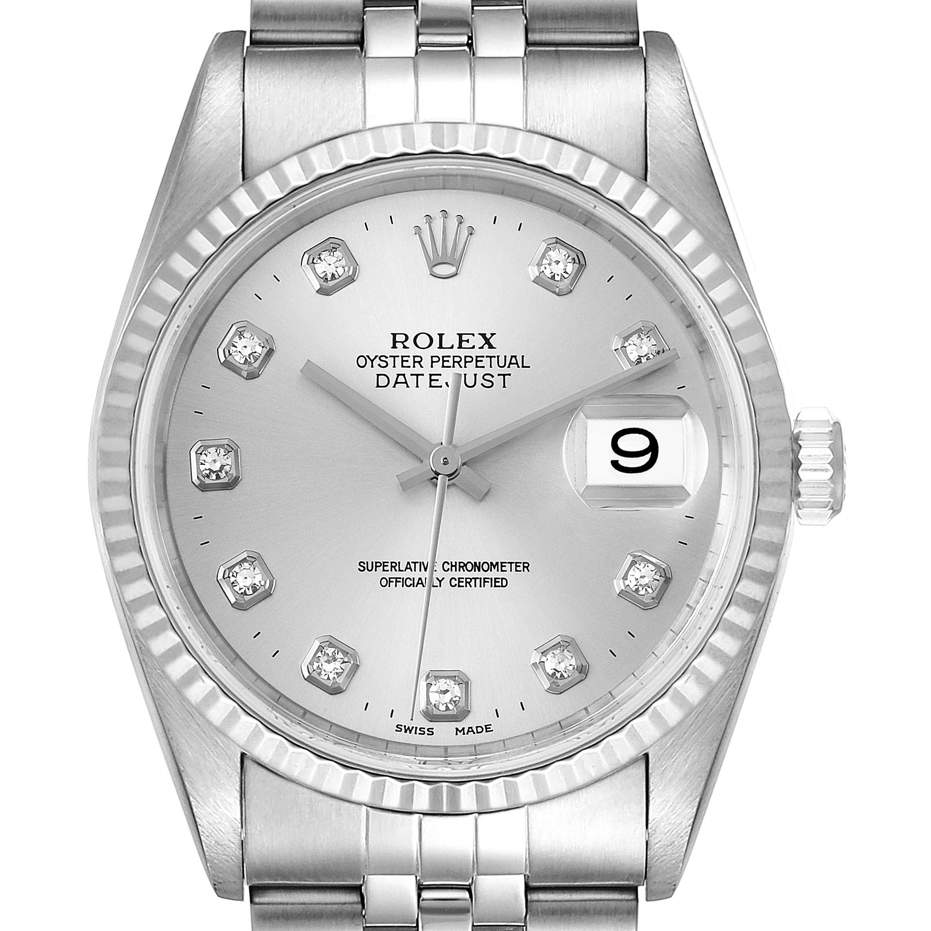 Rolex Datejust Steel White Gold Silver Diamond Dial Mens Watch 16234