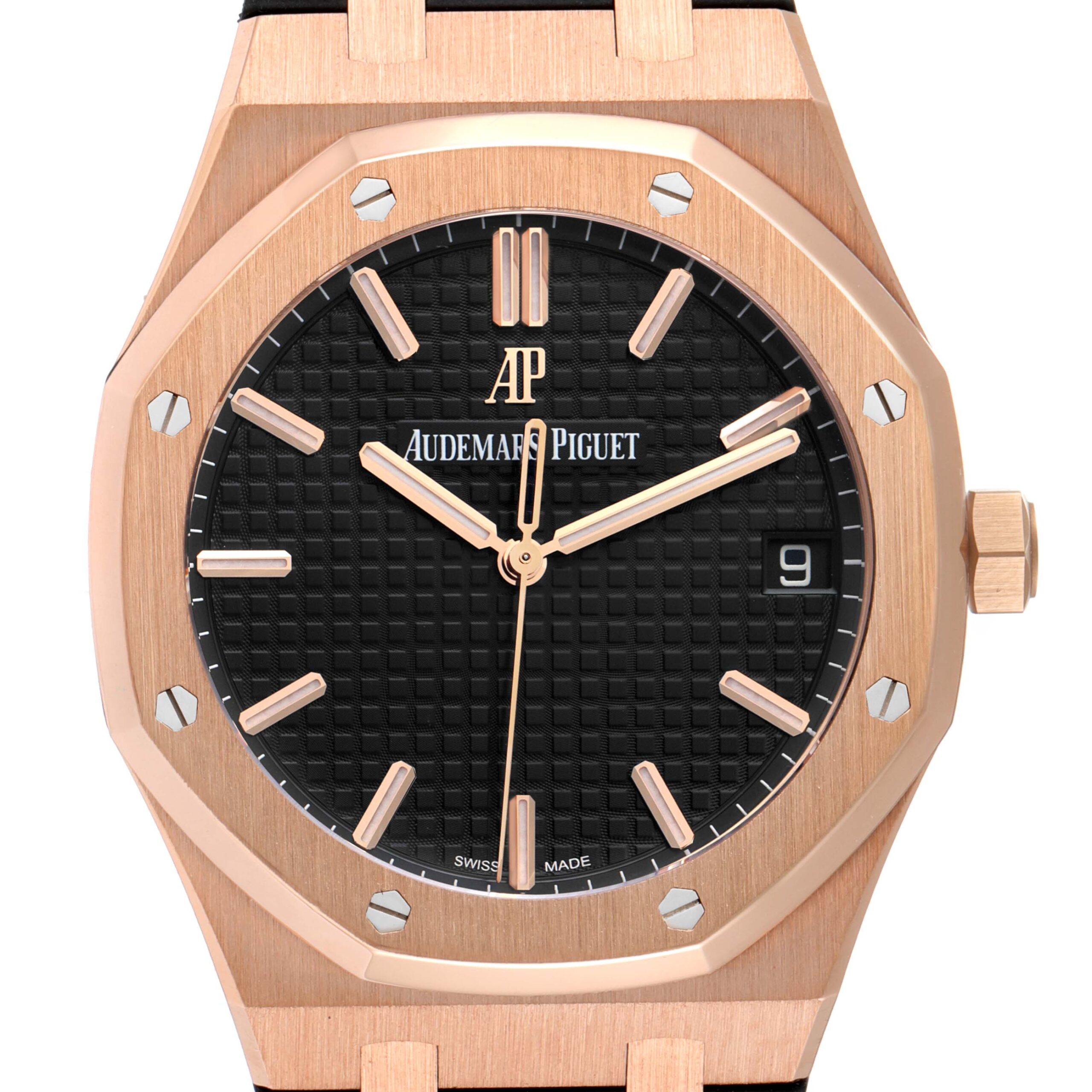 Audemars Piguet Royal Oak 18k Rose Gold Black Dial Watch 15500OR Box Papers