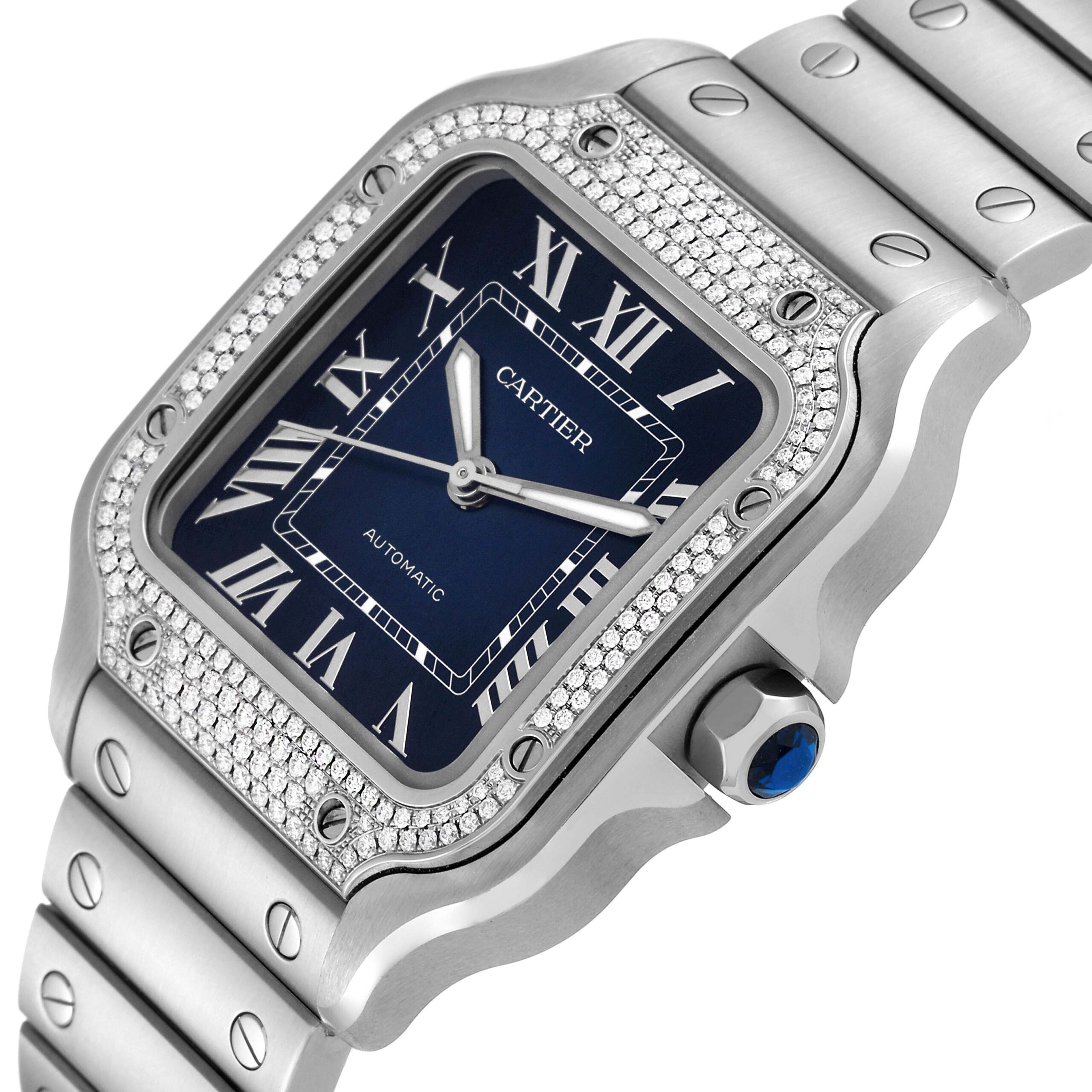Cartier Santos Stainless Steel Diamond Blue Dial Mens Watch W4SA0006 Unworn