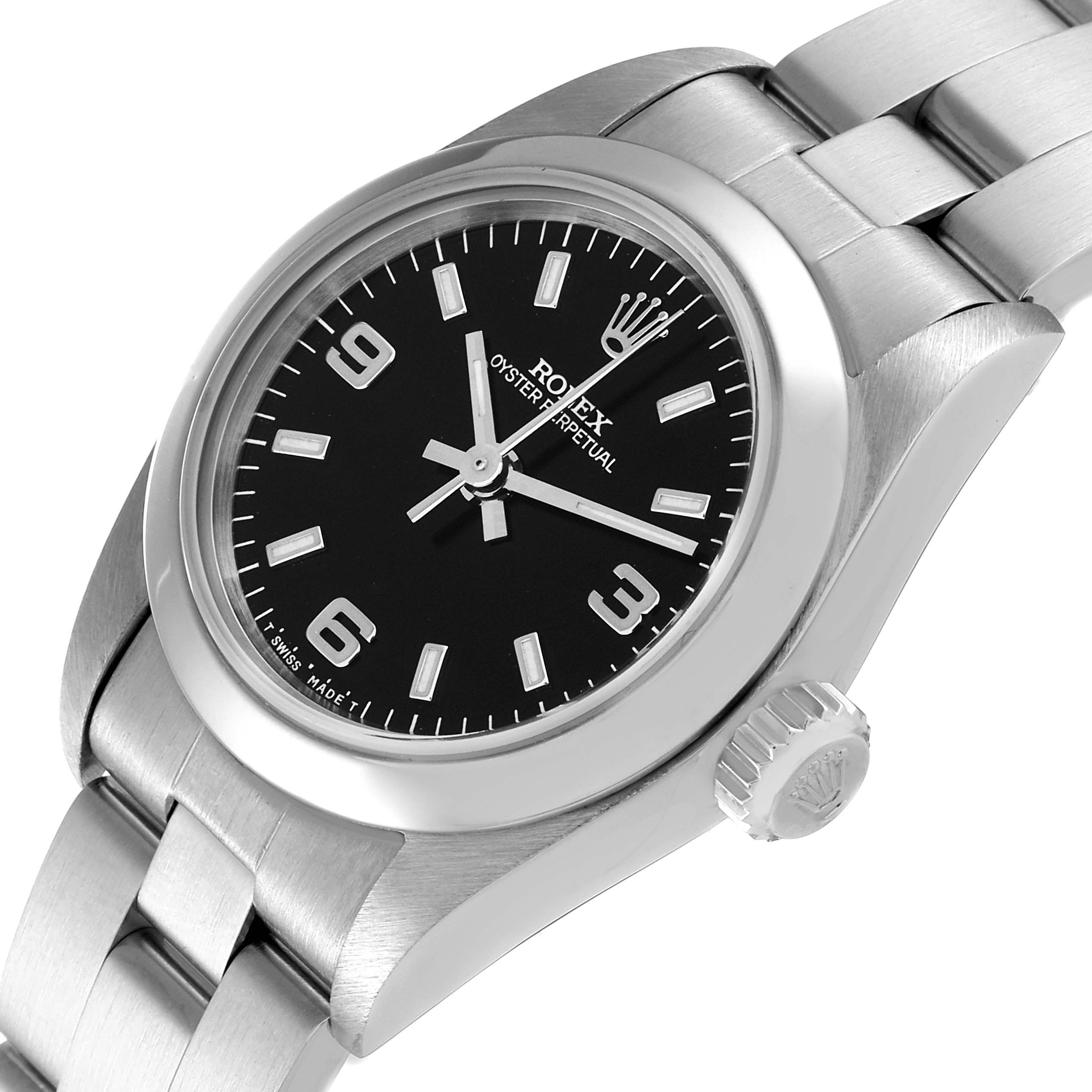 Rolex Oyster Perpetual Steel Black Dial Ladies Watch 67180 Box Papers