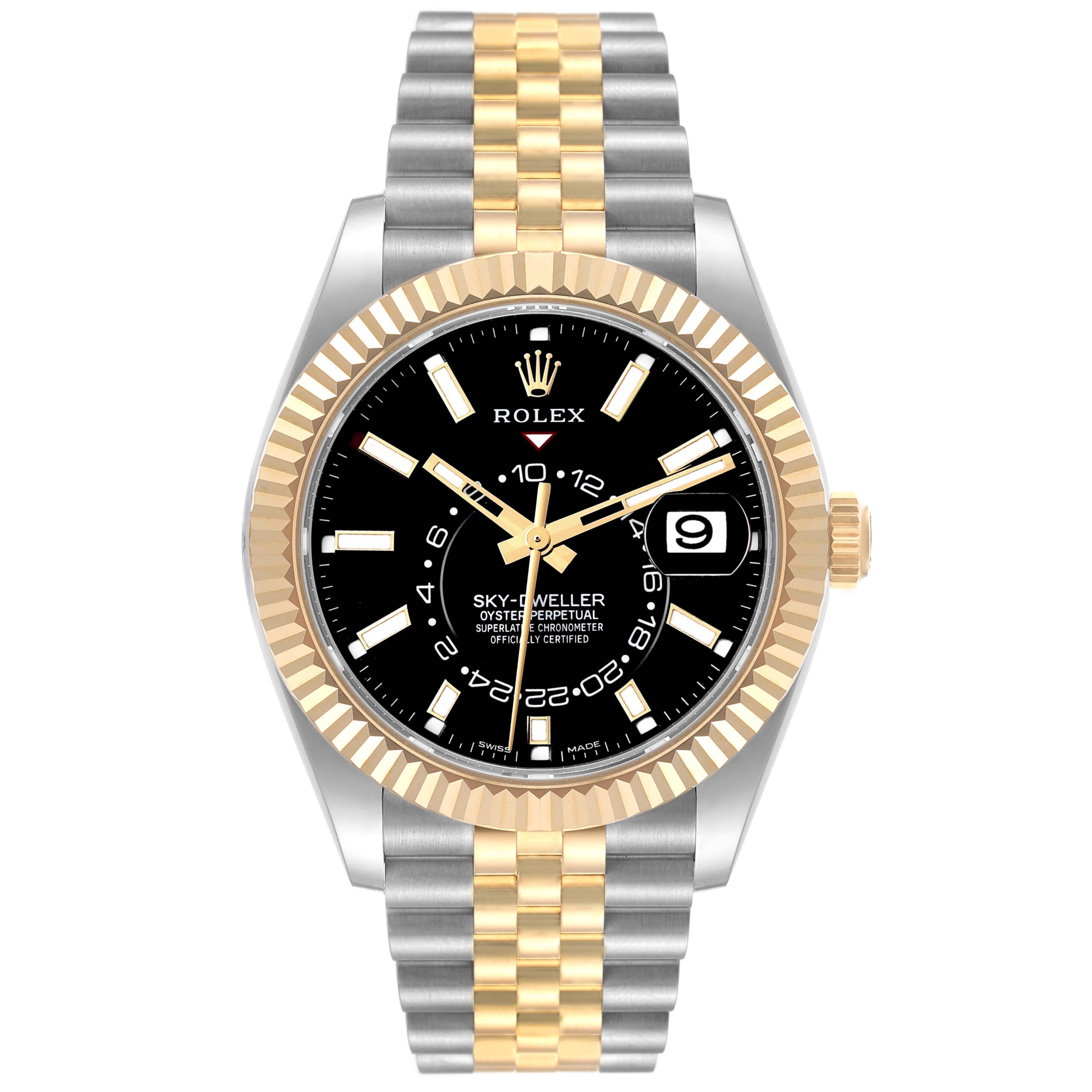Rolex Sky Dweller Steel Yellow Gold Black Dial Mens Watch 326933 Unworn