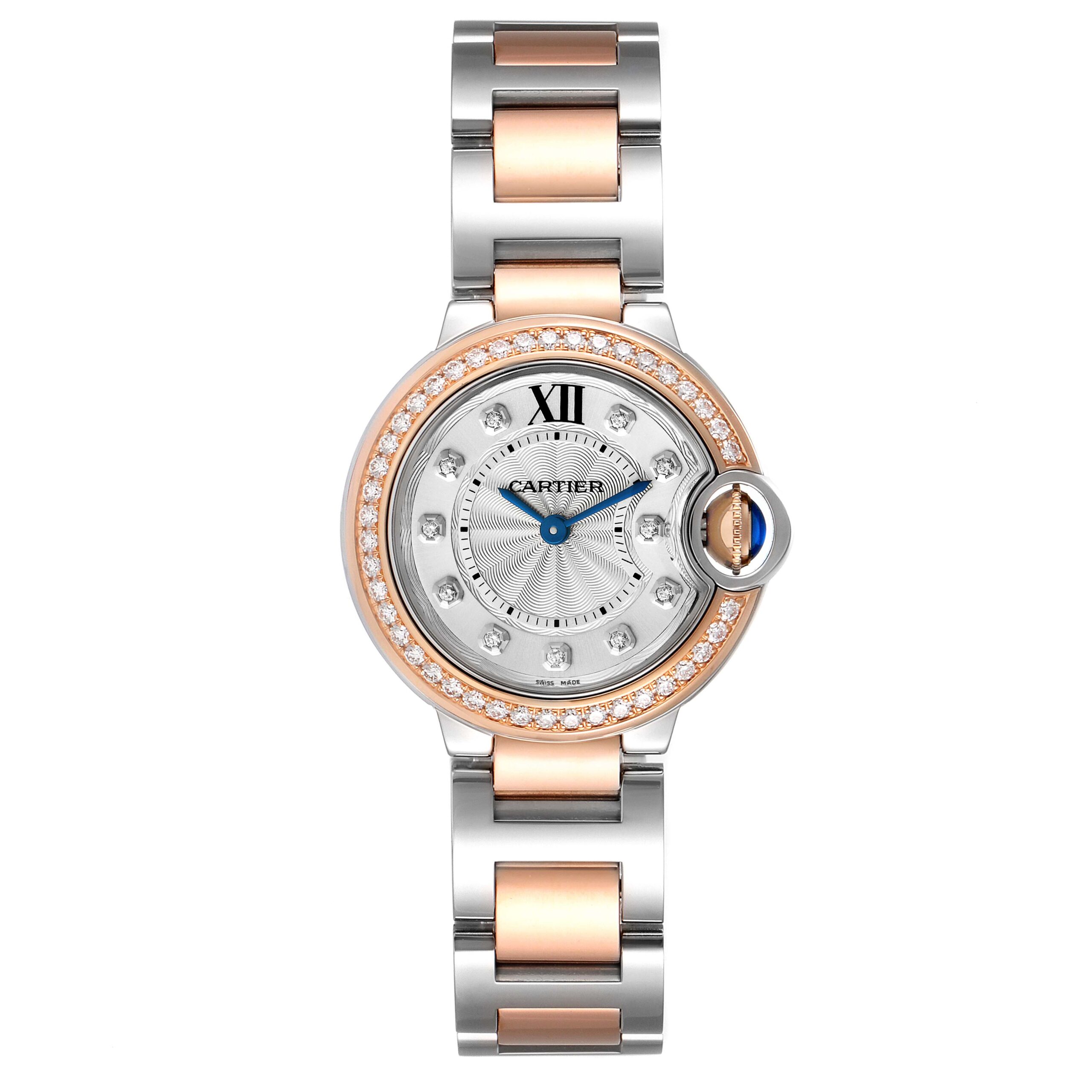 Cartier Ballon Bleu Steel Rose Gold Diamond Ladies Watch W3BB0009 Box Papers