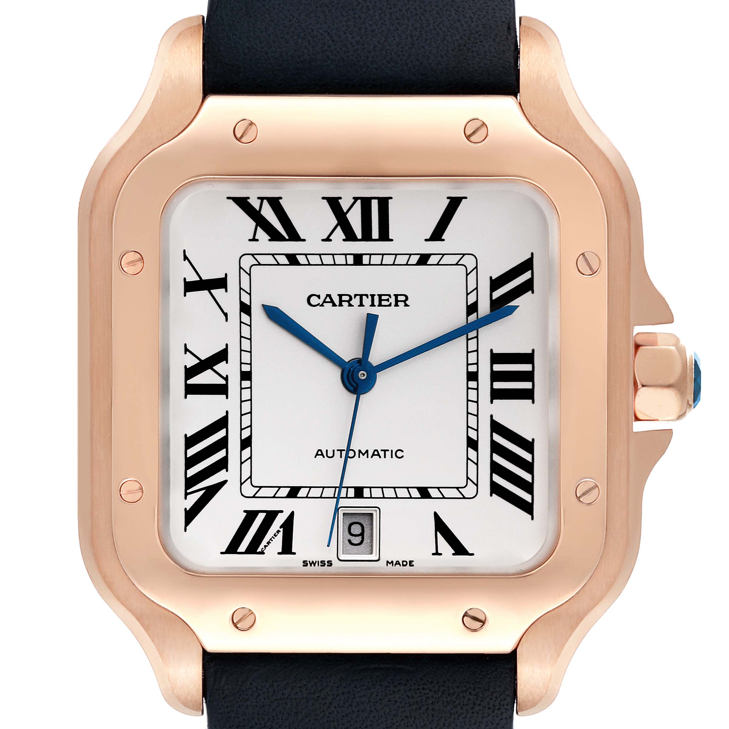 Cartier Santos Large Rose Gold Blue Strap Mens Watch WGSA0019 Card