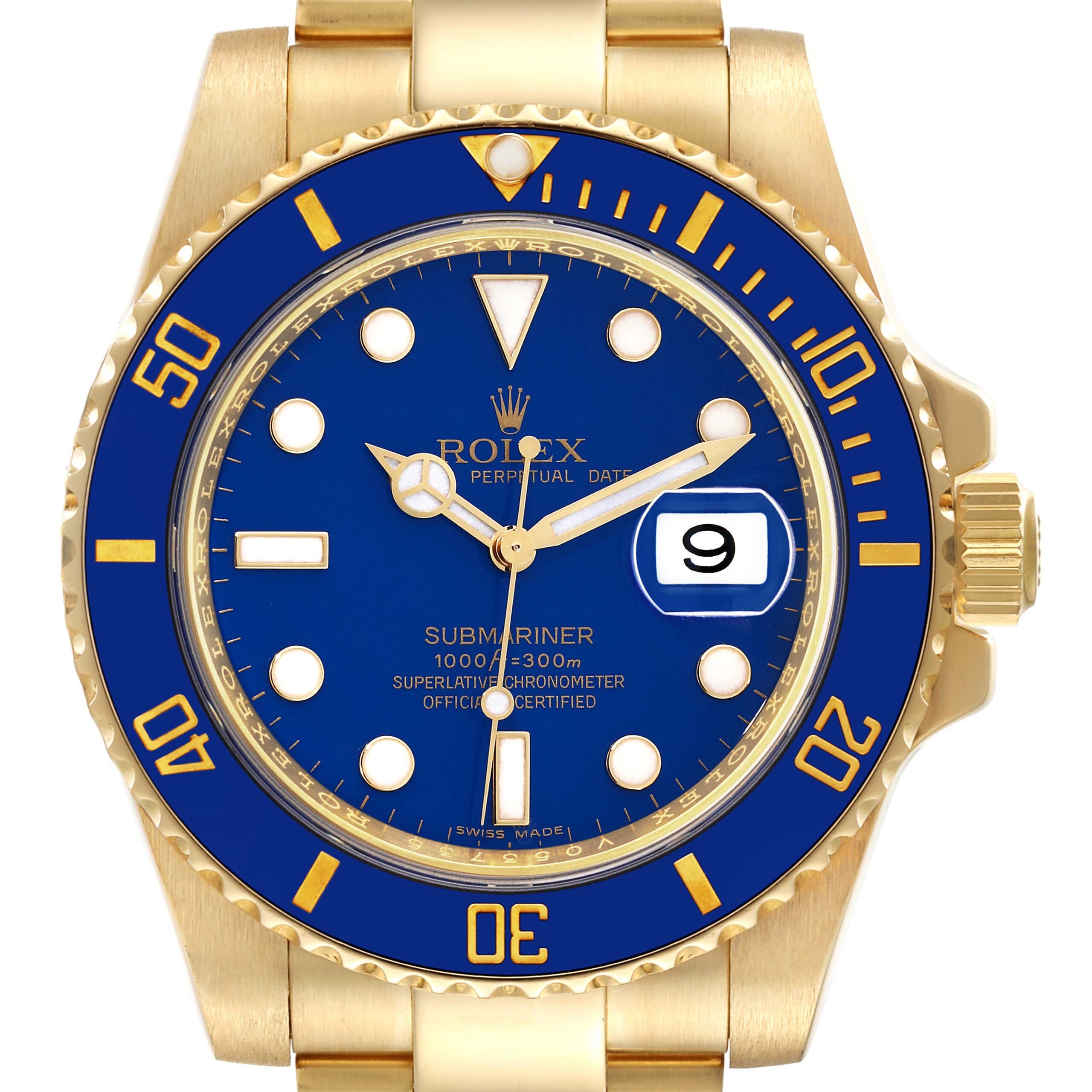 Rolex Submariner Yellow Gold Blue Dial Ceramic Bezel Mens Watch 116618