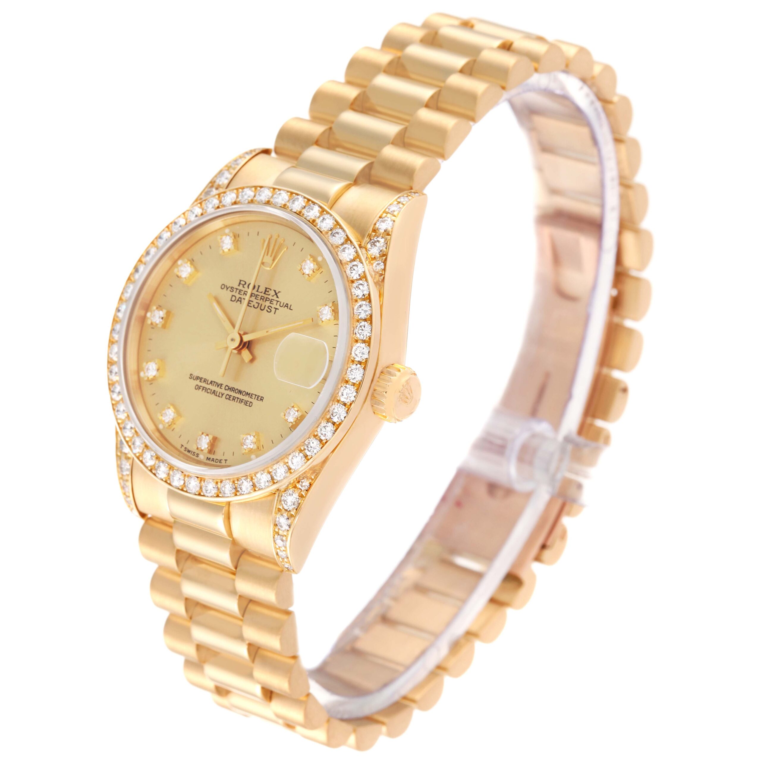 Rolex Datejust President Midsize Yellow Gold Diamond Bezel Ladies Watch 68158