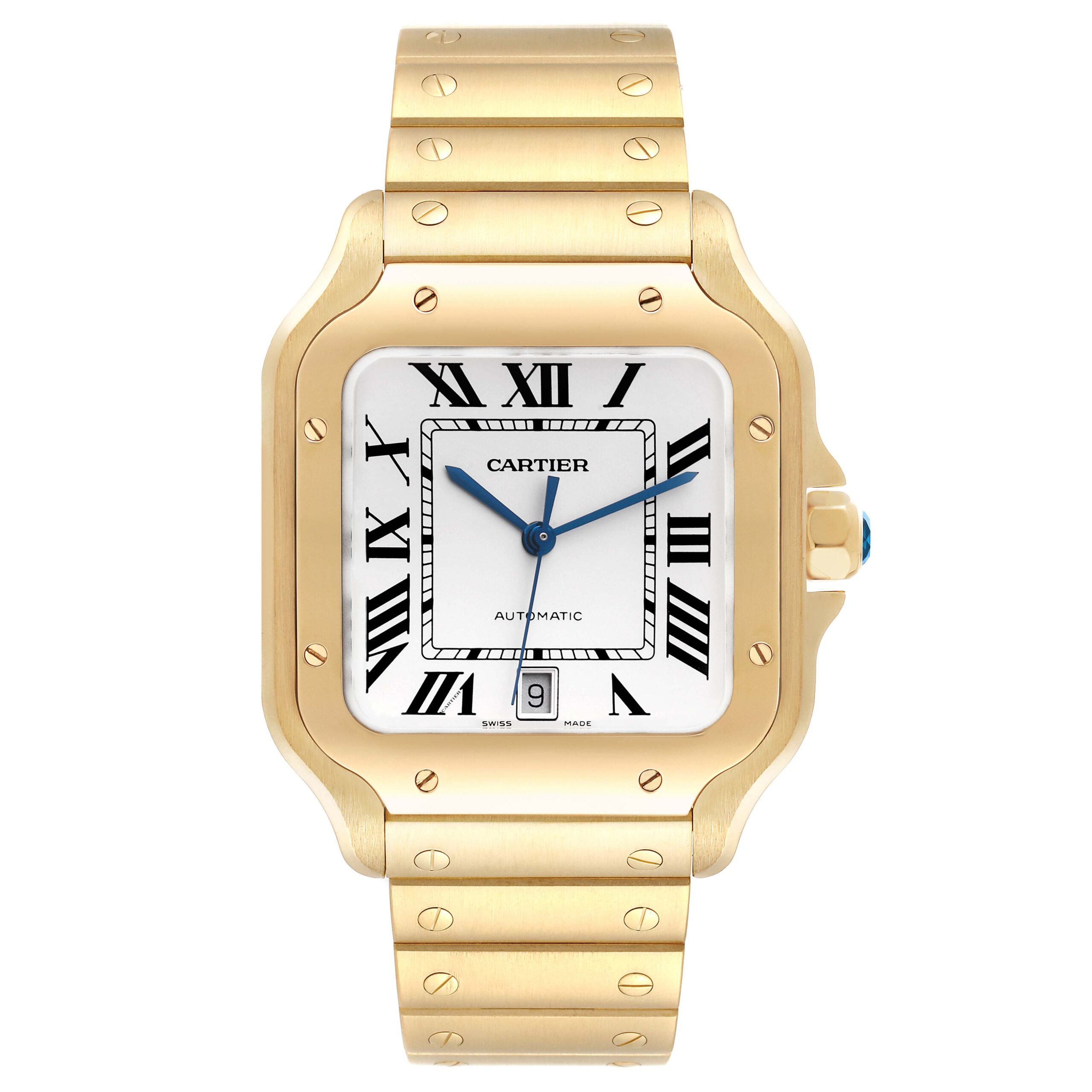 Cartier Santos Silver Dial Large 18k Yellow Gold Mens Watch WGSA0029