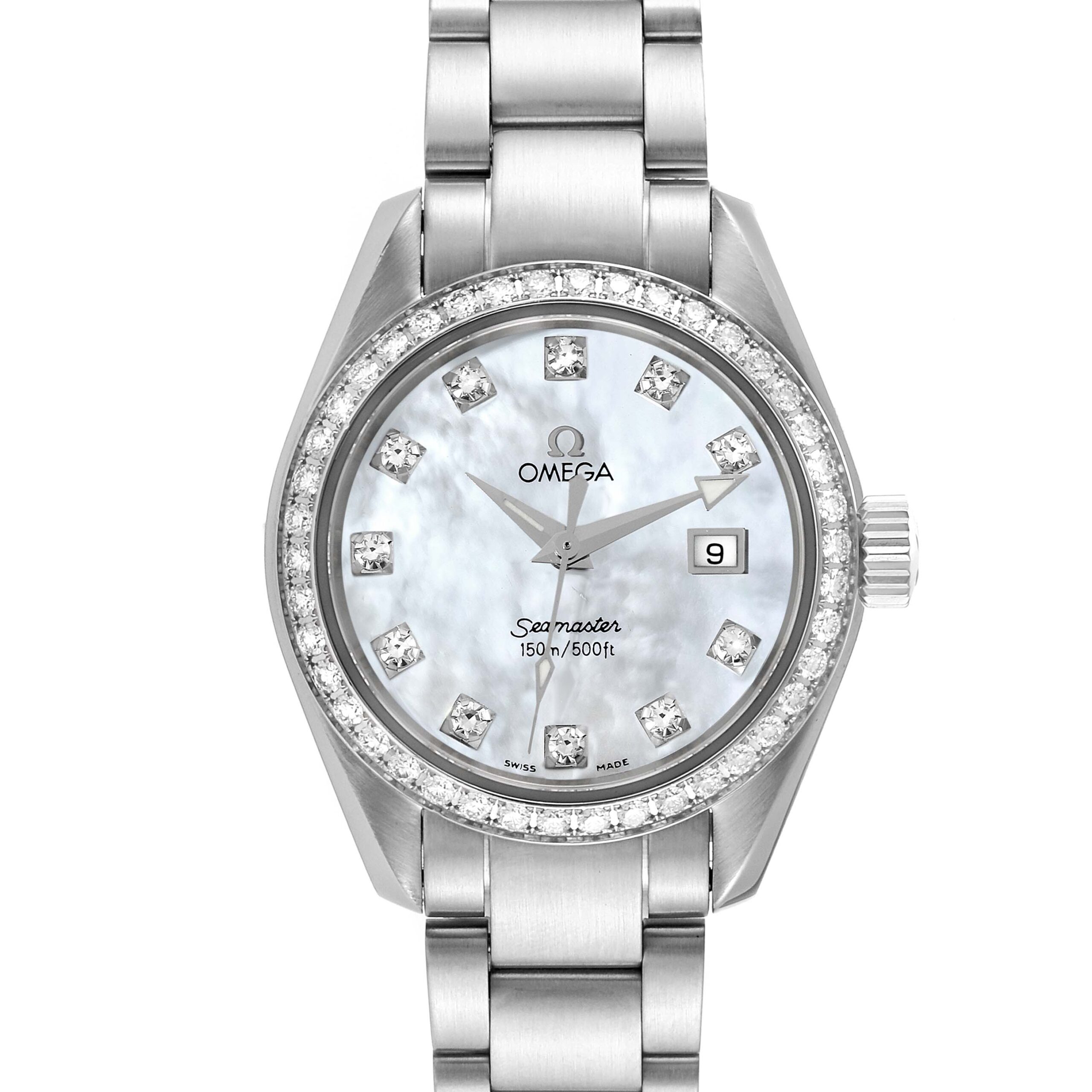 Omega Seamaster Aqua Terra Mother of Pearl Diamond Steel Ladies Watch 2579.75.00 Box Card