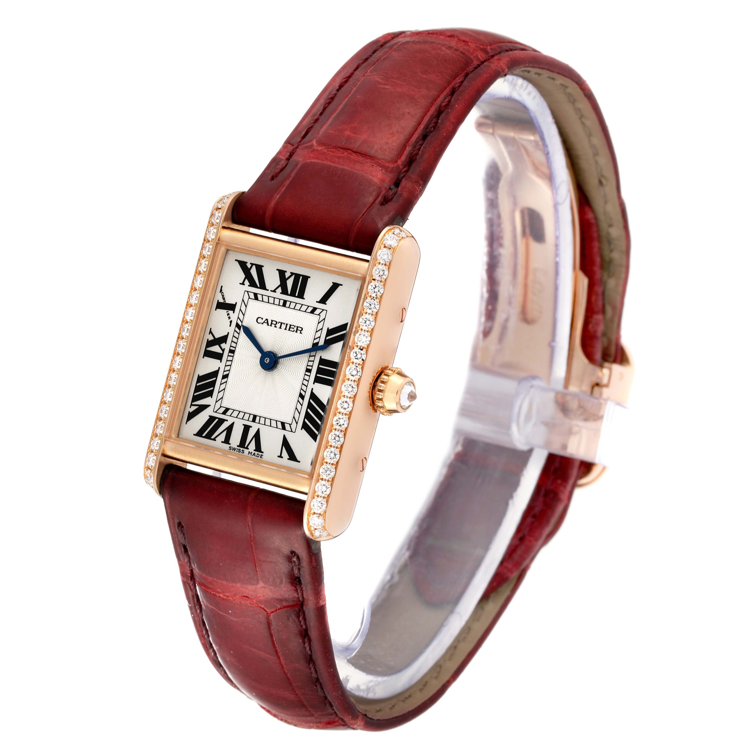 Cartier Tank Louis Rose Gold Diamond Burgundy Strap Ladies Watch WJTA0010 Papers