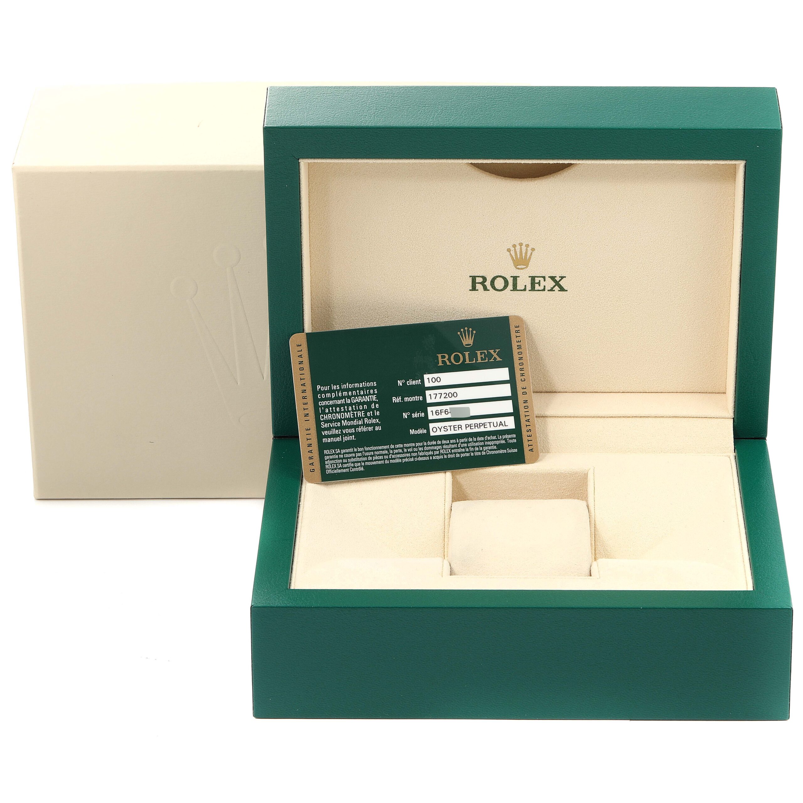 Rolex Midsize Black Dial Domed Bezel Steel Ladies Watch 177200 Box Card