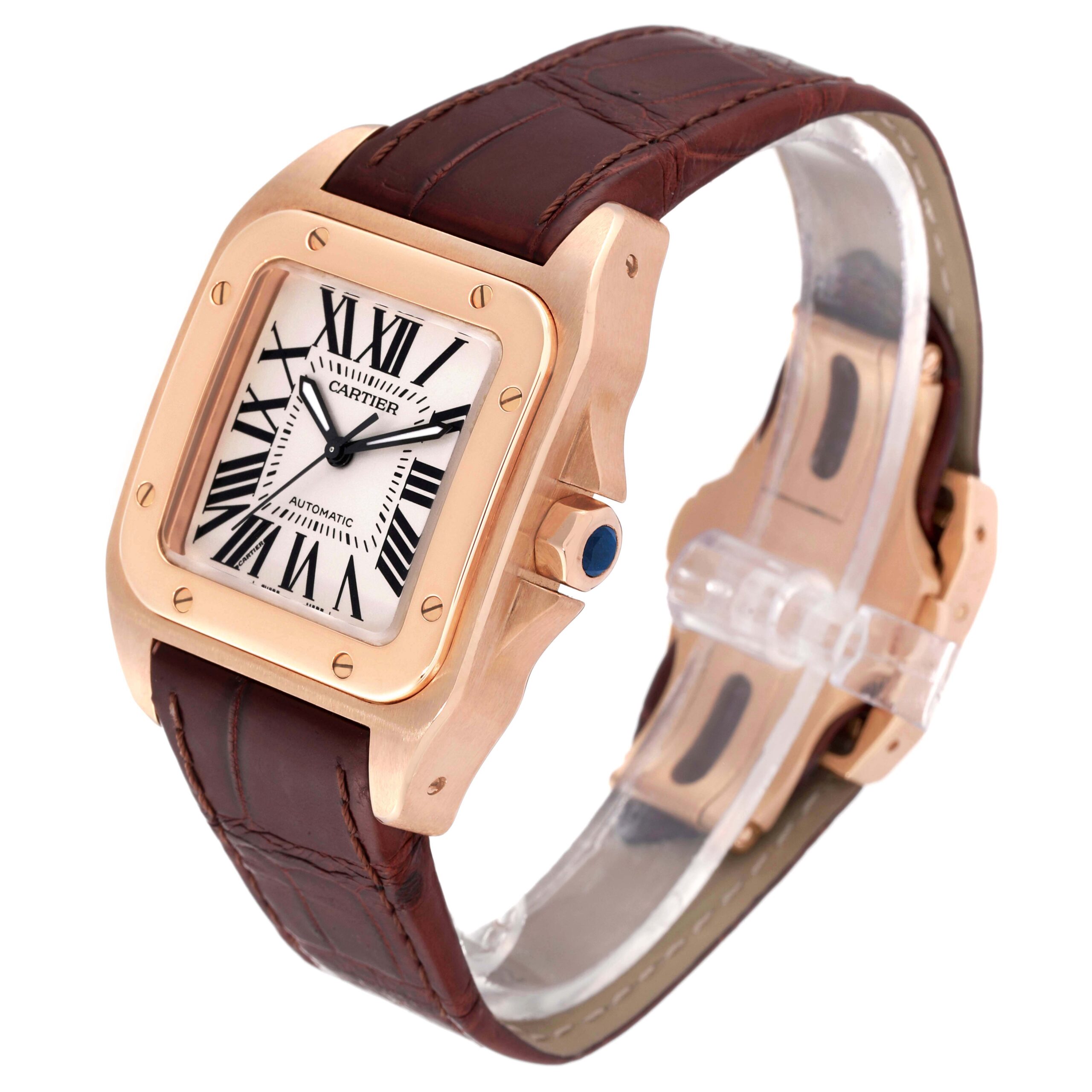 Cartier Santos 100 Midsize Rose Gold Silver Dial Mens Watch W20108Y1
