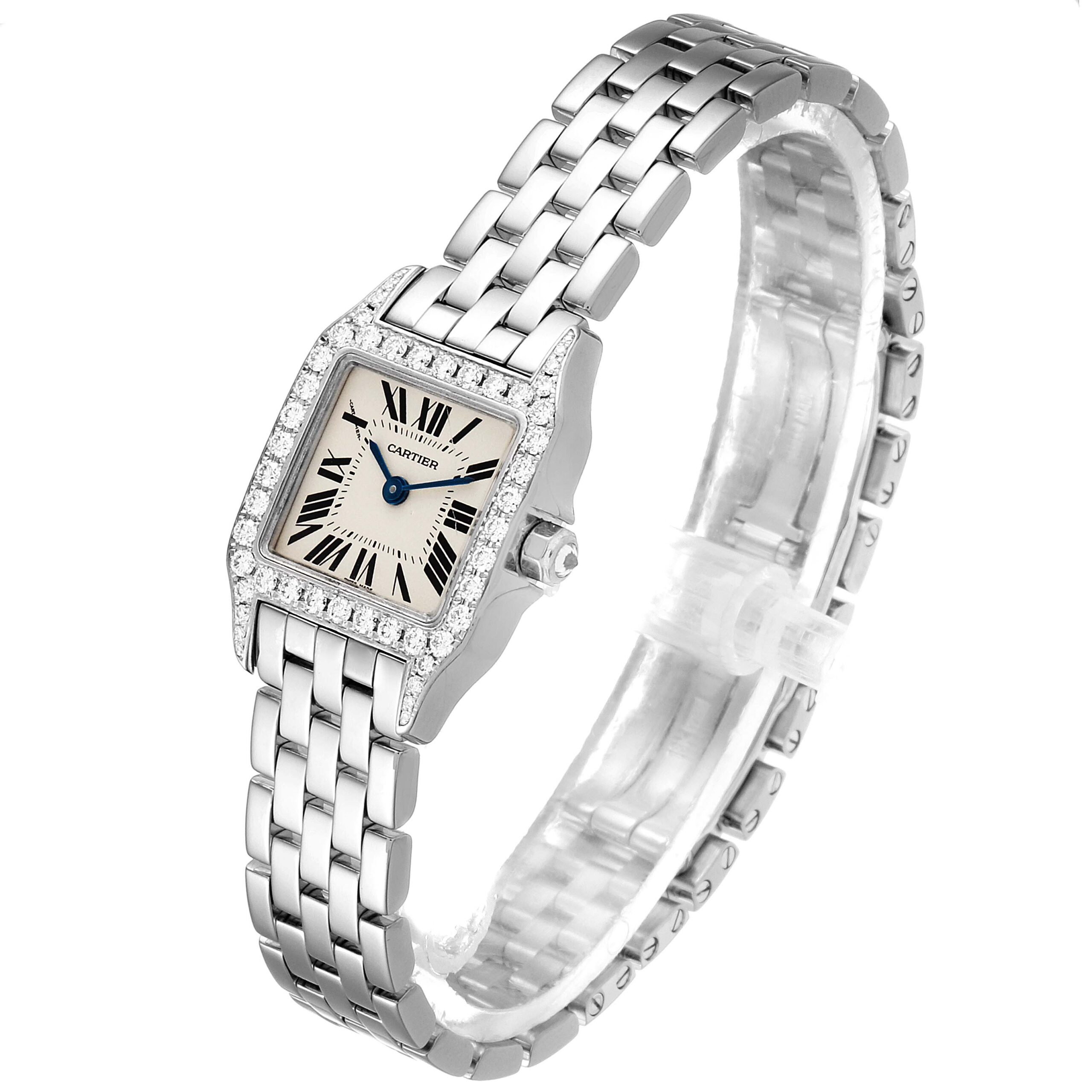 Cartier Santos Demoiselle White Gold Diamond Ladies Watch WF9005Y8 Box Papers