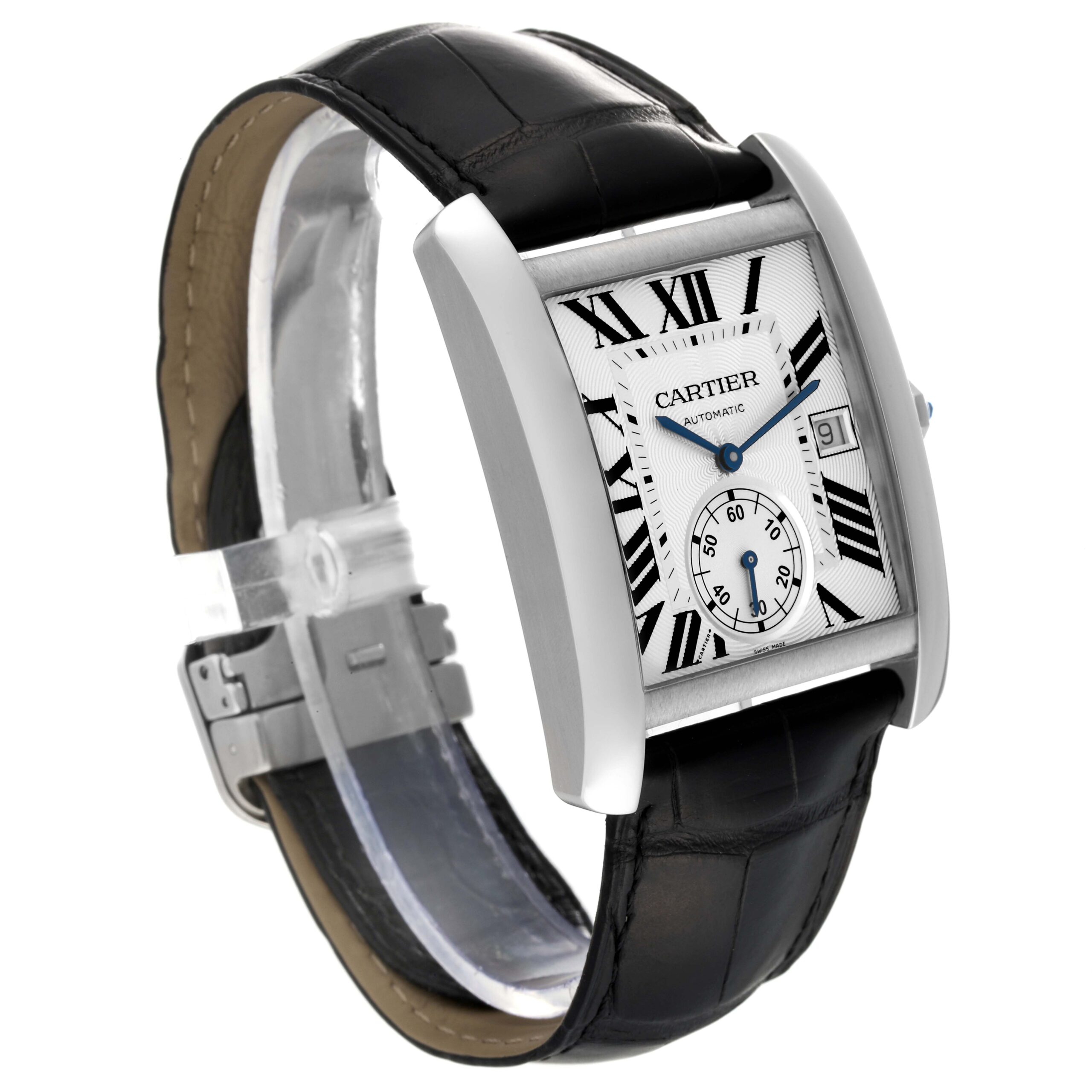 Cartier Tank MC Silver Dial Black Strap Steel Mens Watch W5330003