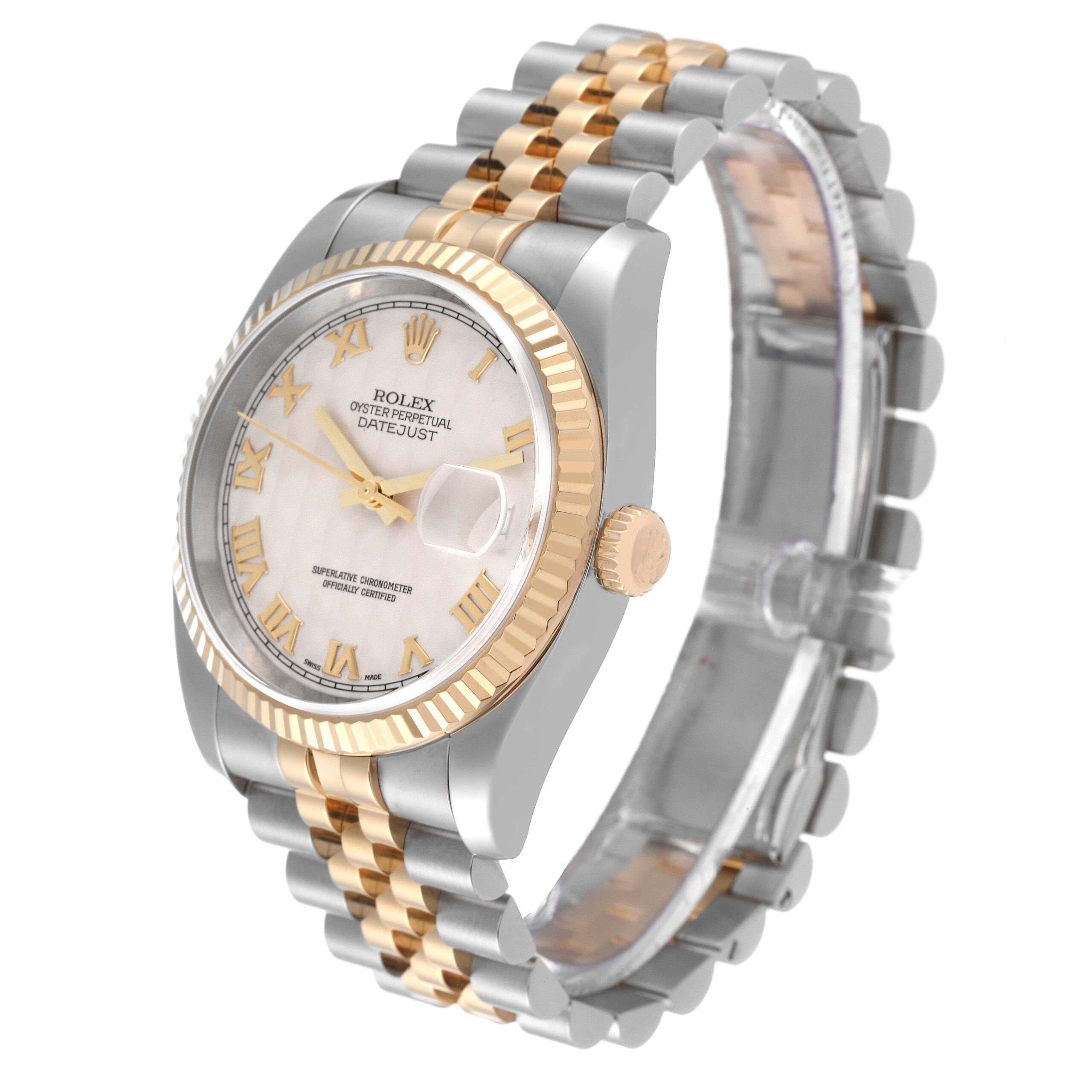 Rolex Datejust Steel Yellow Gold Pyramid Roman Dial Mens Watch 116233