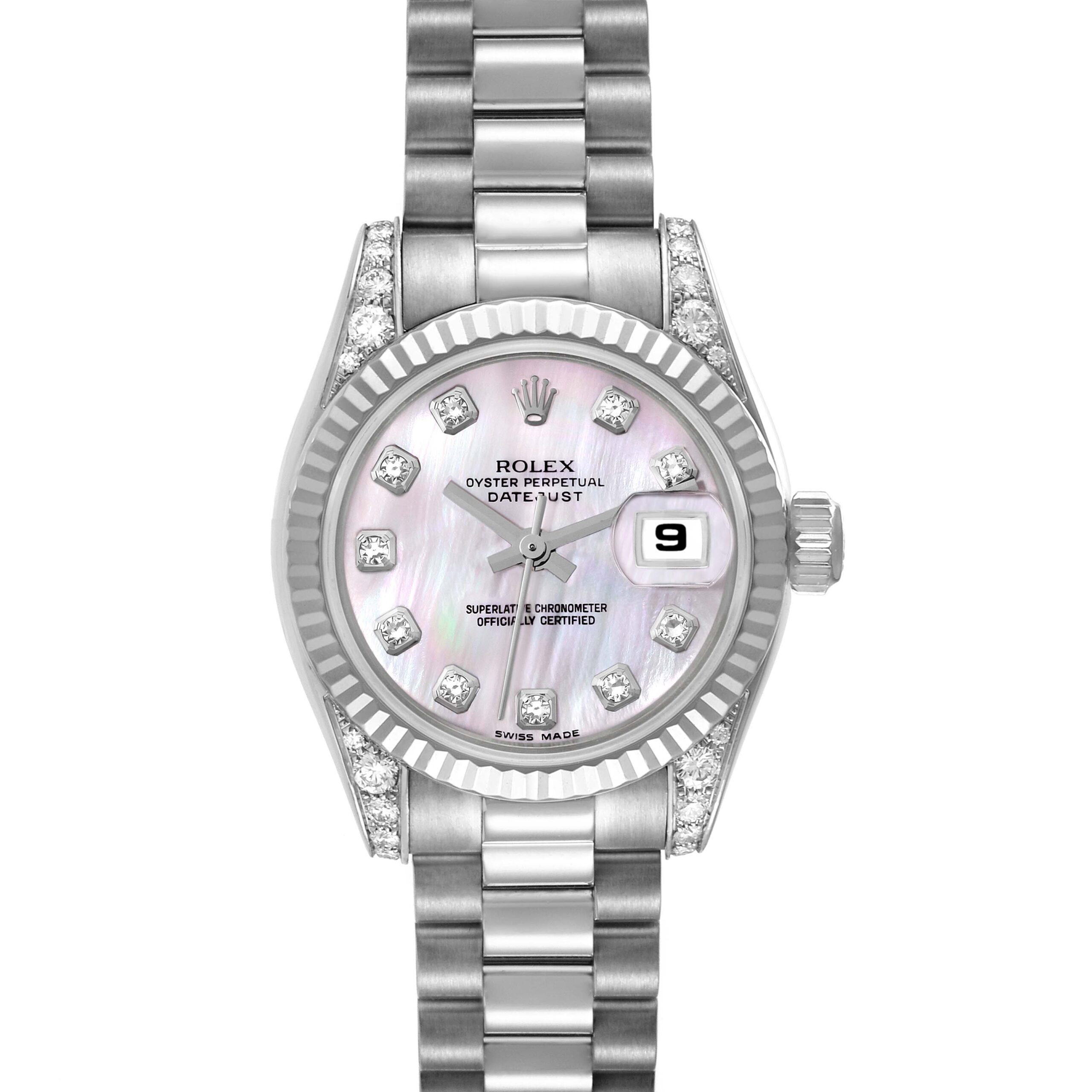 Rolex President Crown Collection White Gold Mother of Pearl Diamond Ladies Watch 179239 Box Papers
