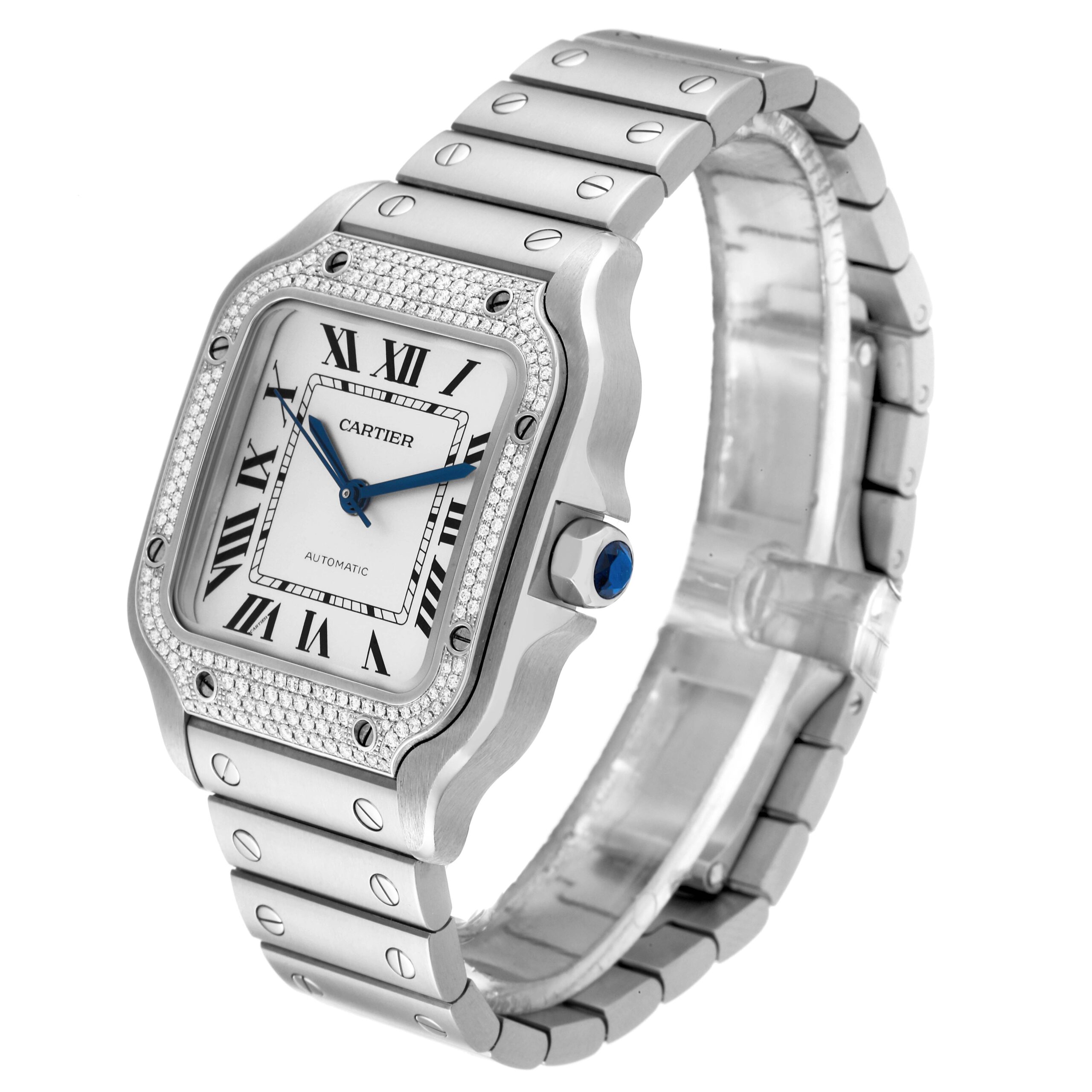 Cartier Santos Silver Dial Medium Steel Diamond Mens Watch W4SA0005