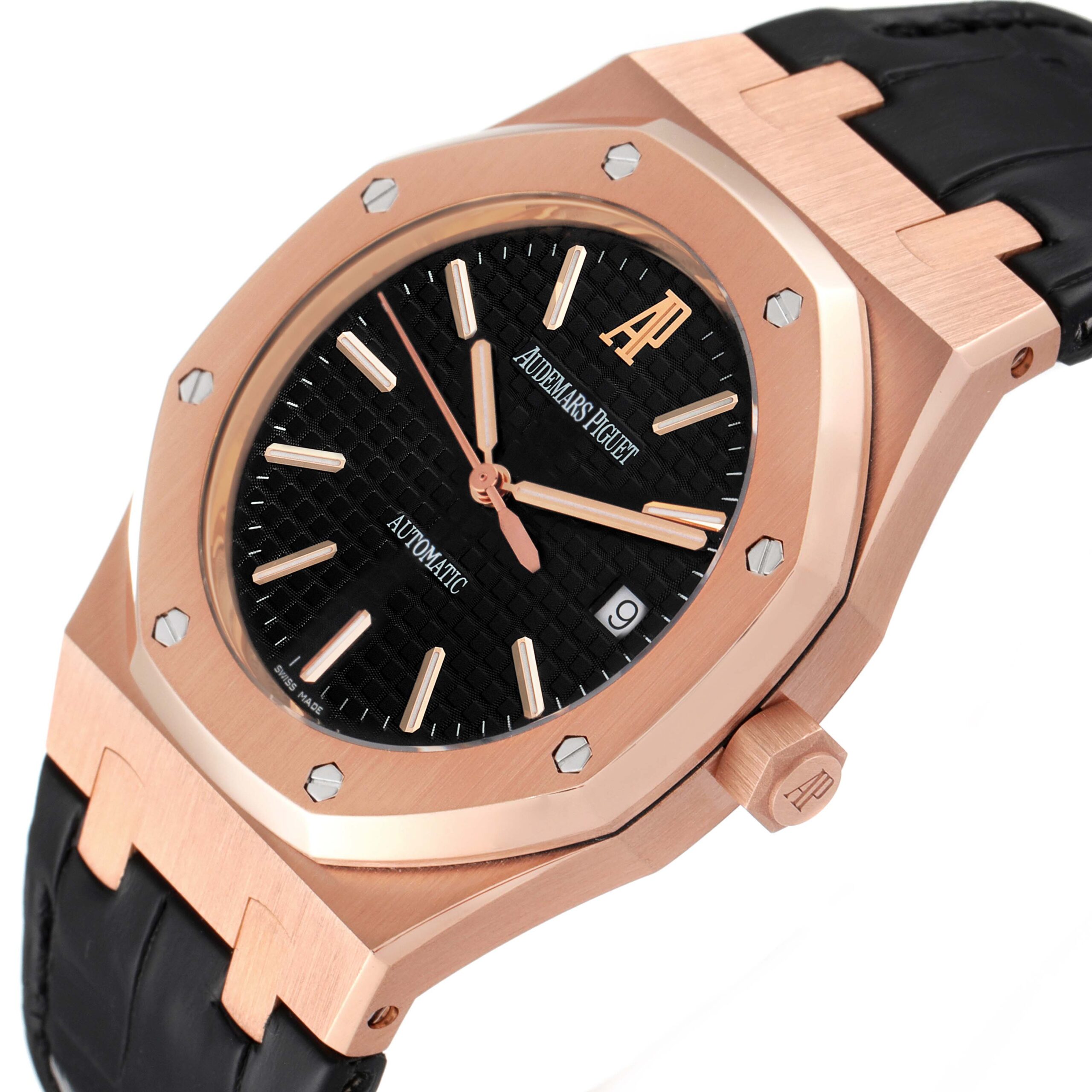 Audemars Piguet Royal Oak 18k Rose Gold Black Dial Watch 15300OR Box Papers