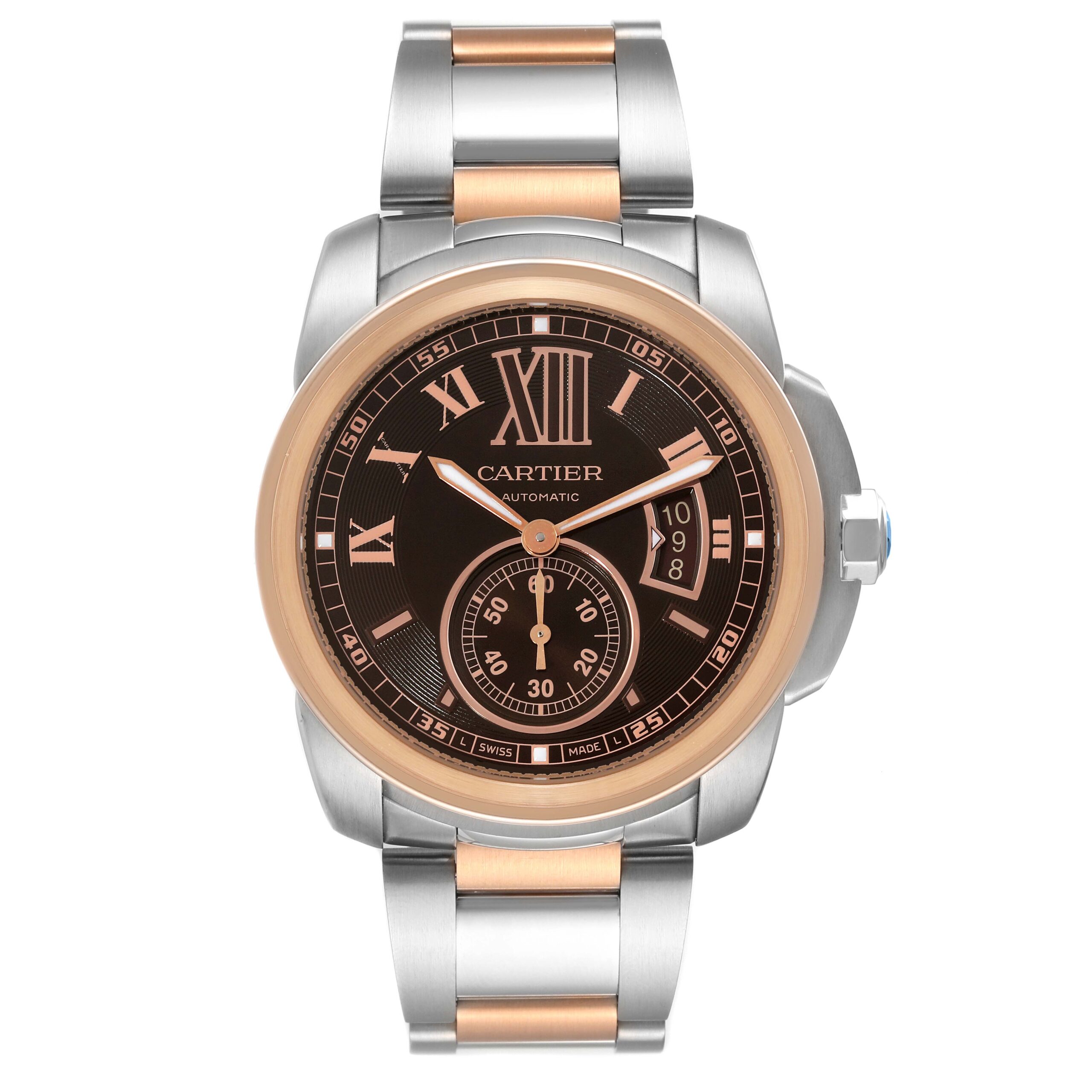 Cartier Calibre Brown Dial Rose Gold Steel Mens Watch W7100050 Box Card