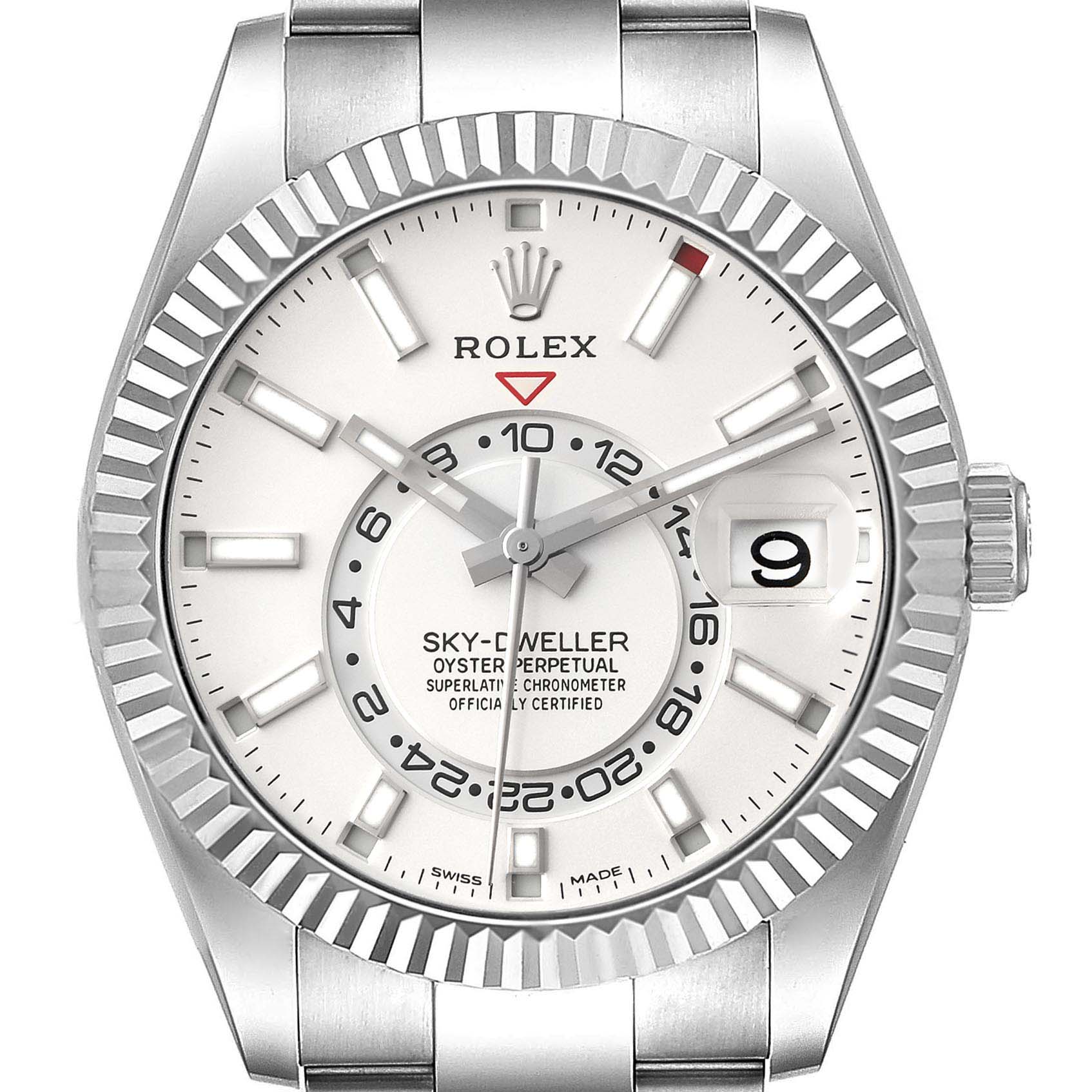 Rolex Sky-Dweller Silver Dial Steel White Gold Mens Watch 326934 Box Card