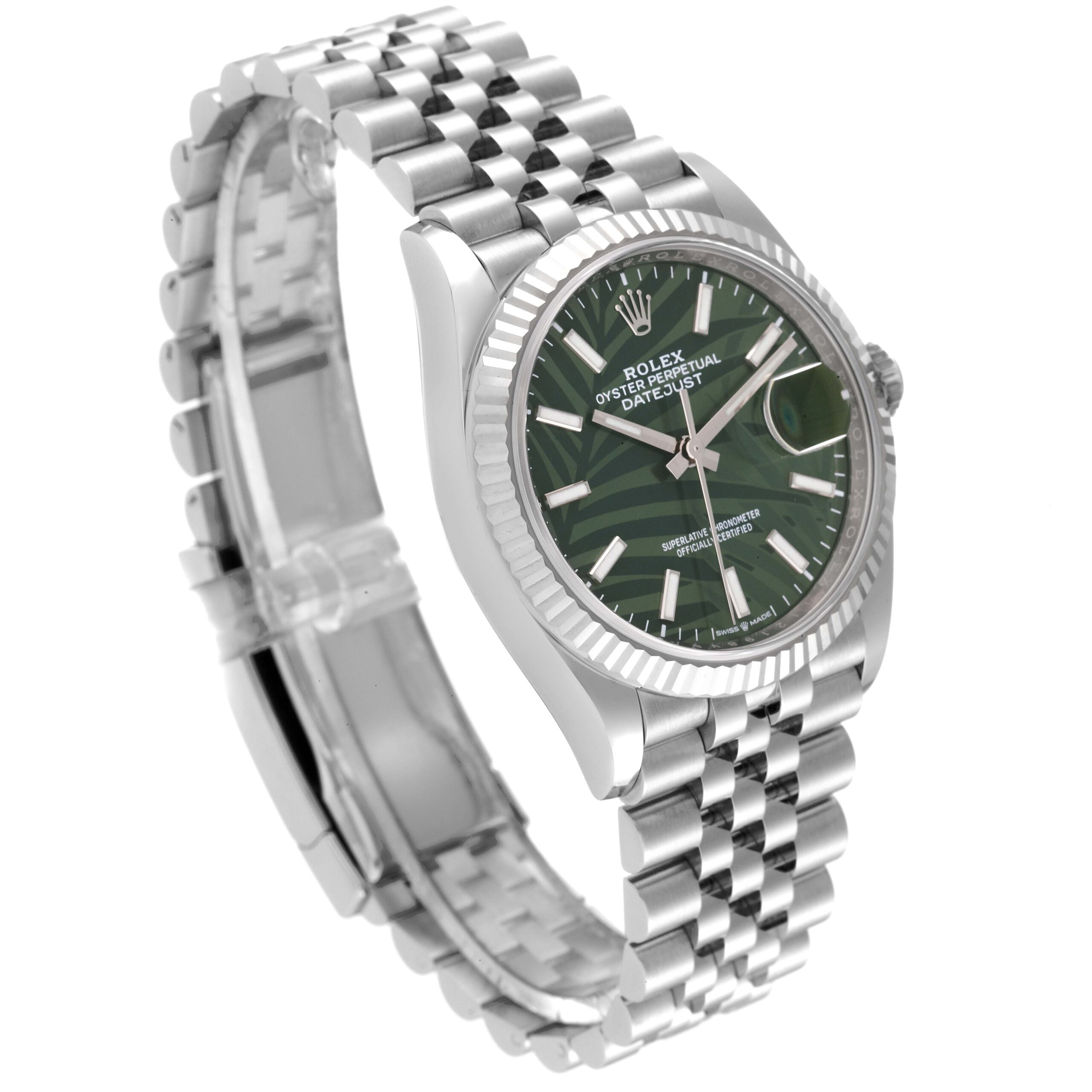 Rolex Datejust Steel White Gold Olive Green Palm Dial Mens Watch 126234 Box Card