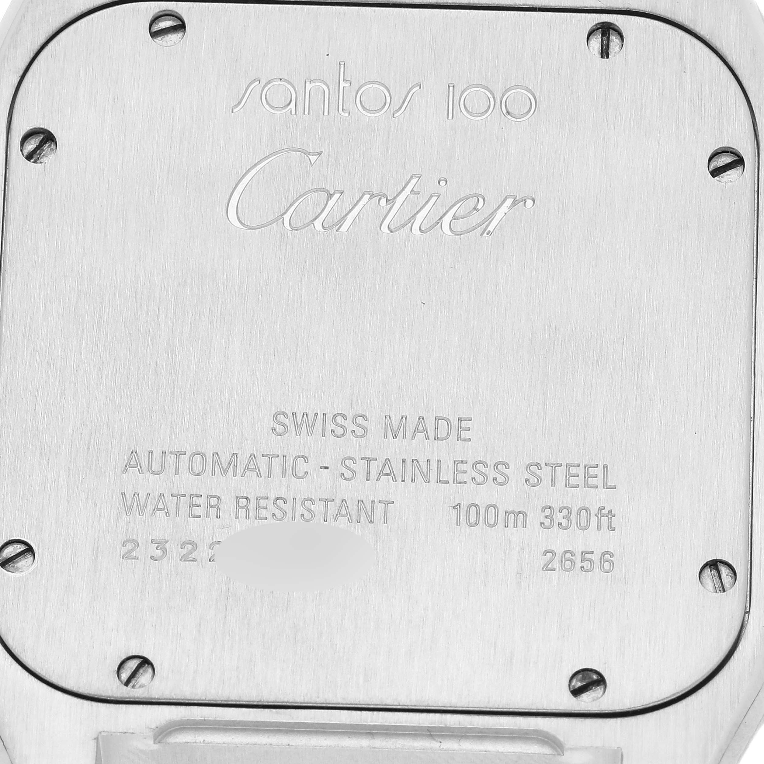 Cartier Santos 100 Silver Dial Black Strap Steel Mens Watch W20073X8