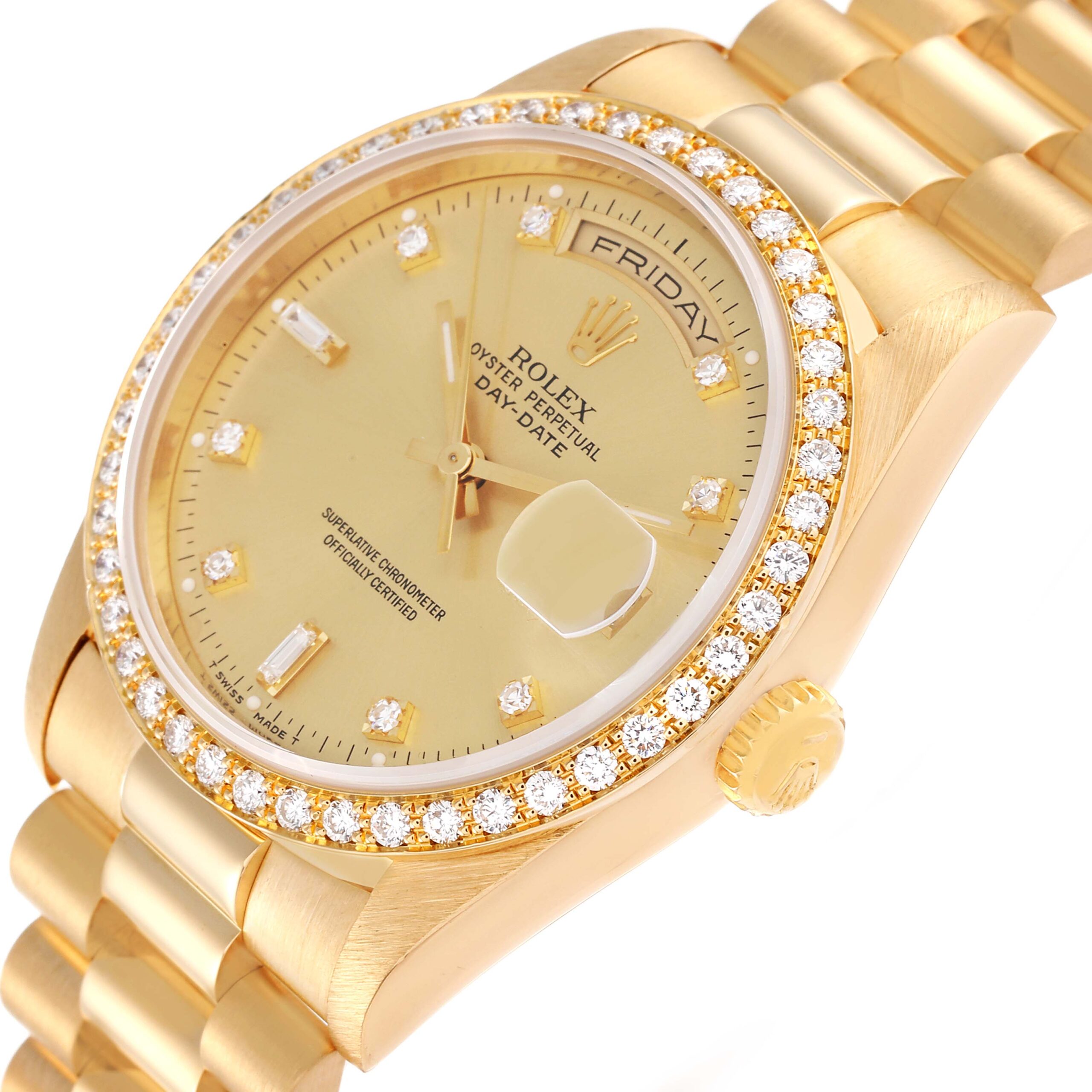 Rolex President Day Date 36mm Yellow Gold Diamond Mens Watch 18348