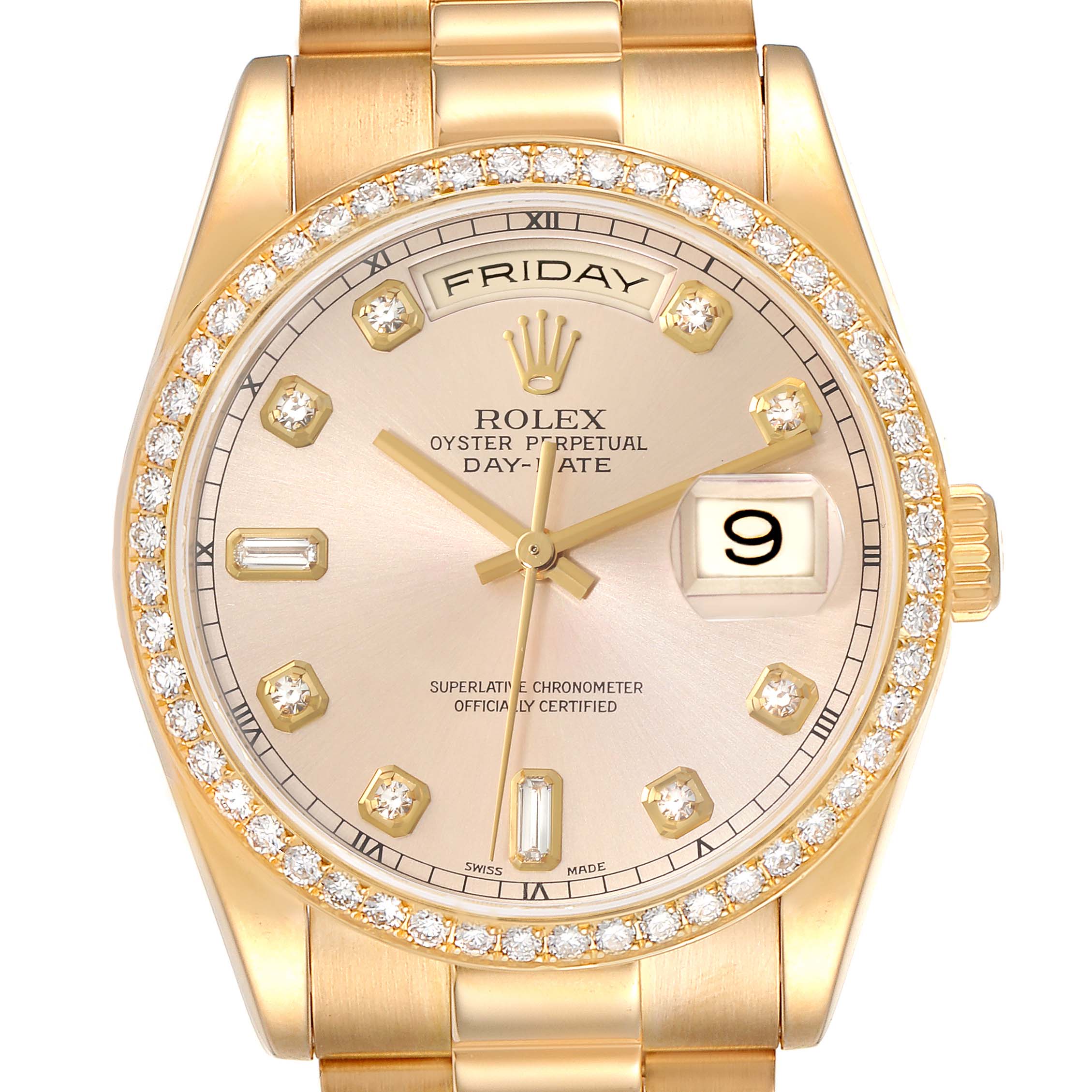 Rolex President Day-Date Yellow Gold Diamond Bezel Mens Watch 118348 Box