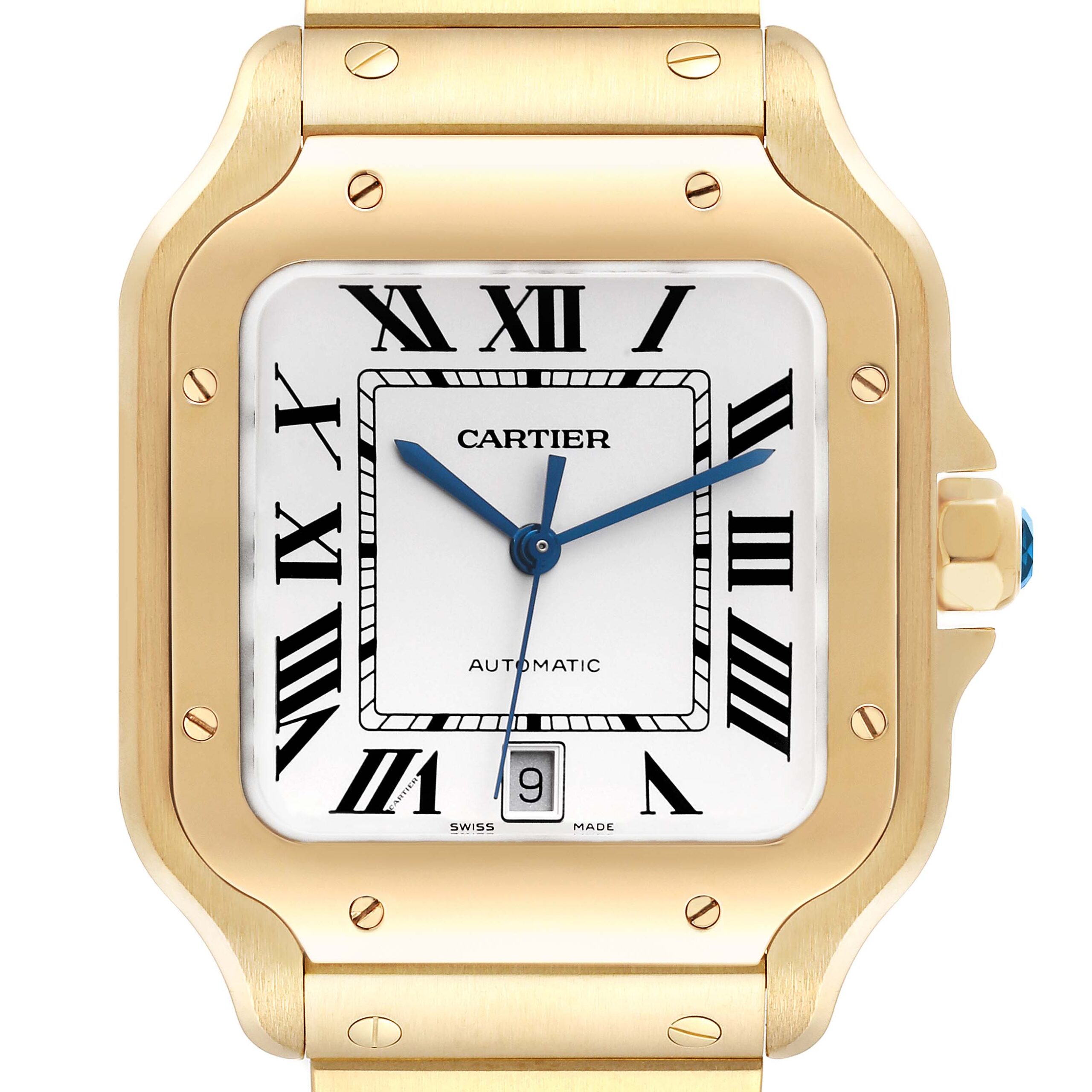 Cartier Santos Silver Dial Large 18k Yellow Gold Mens Watch WGSA0029