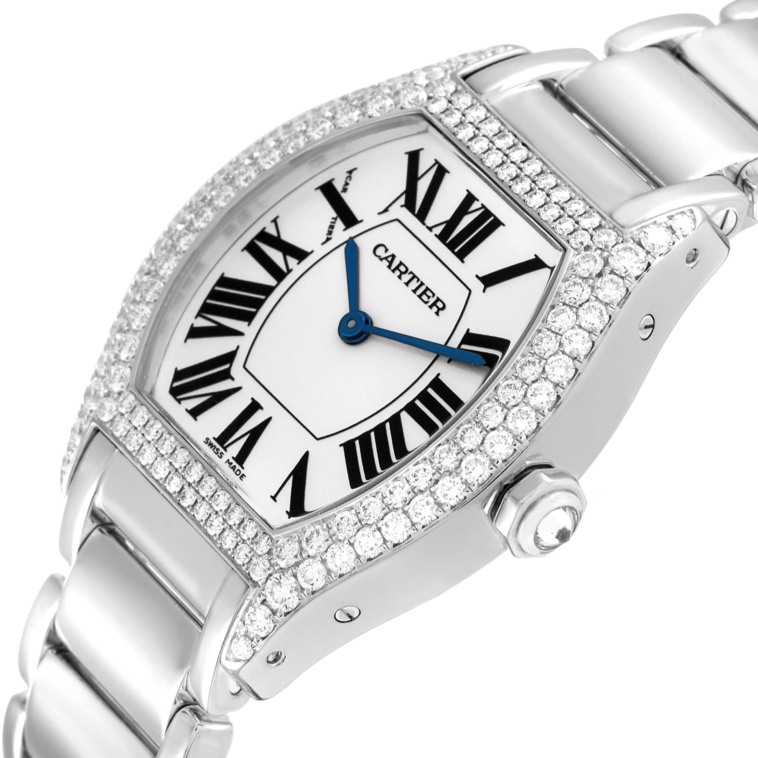 Cartier Tortue Silver Dial 18k White Gold Diamond Ladies Watch WA5072W9