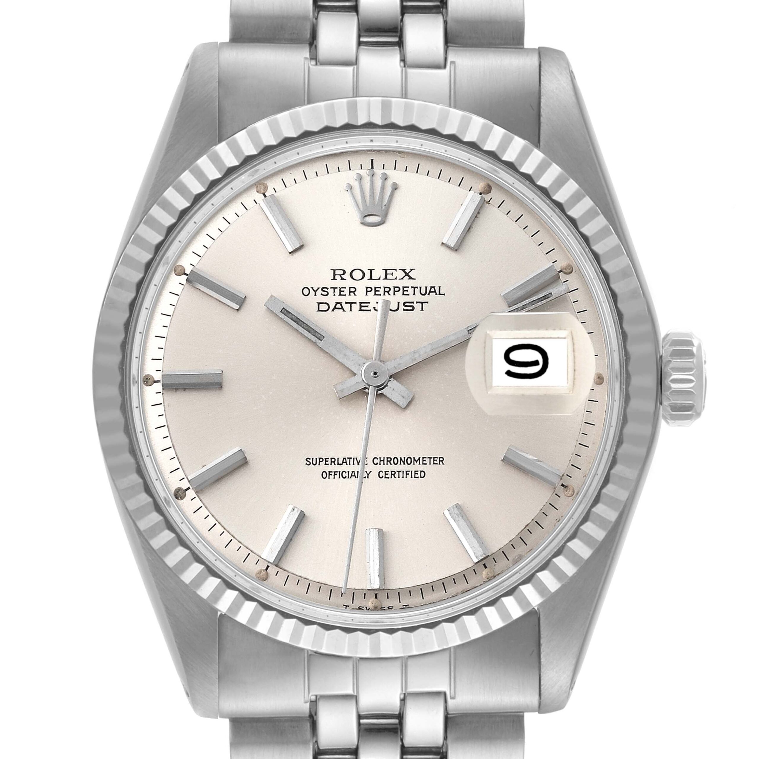 Rolex Datejust Steel White Gold Silver Dial Vintage Mens Watch 1601