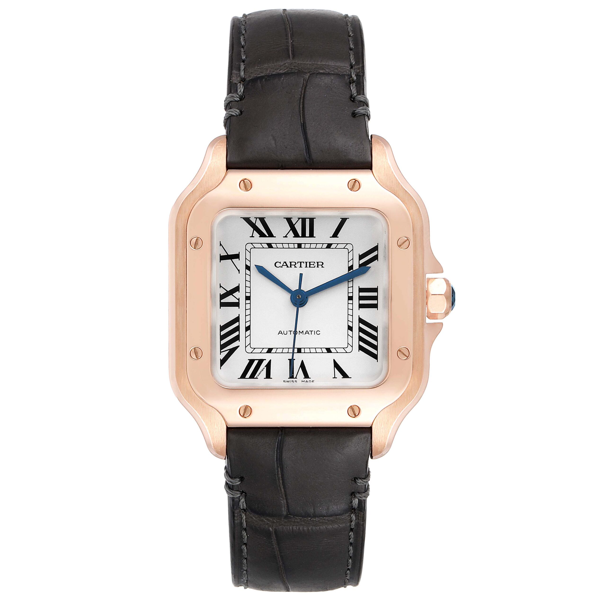 Cartier Santos Midsize Rose Gold Grey Strap Mens Watch WGSA0012 Box Card