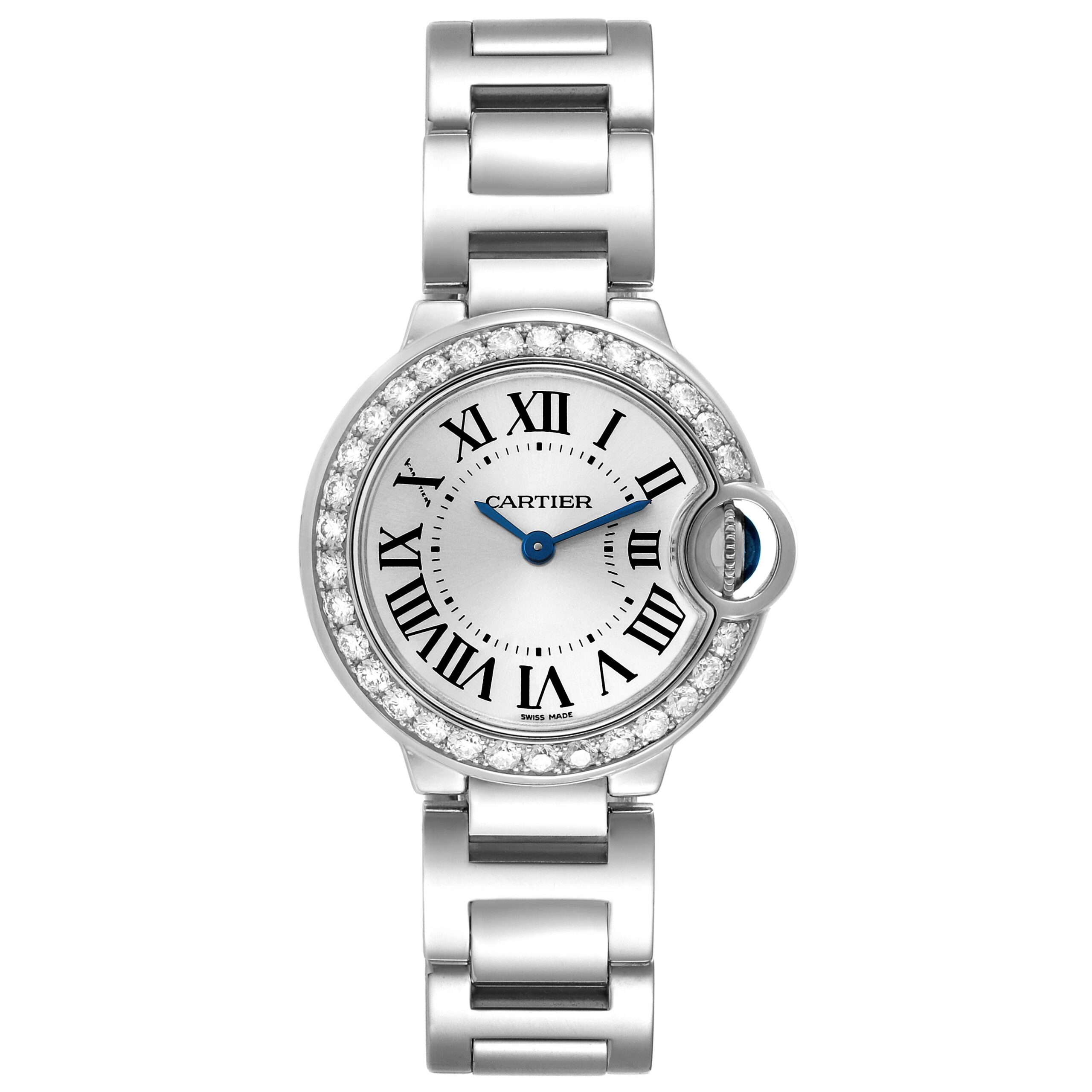 Cartier Ballon Bleu White Gold Diamond Bezel Ladies Watch WE9003Z3 Box Card
