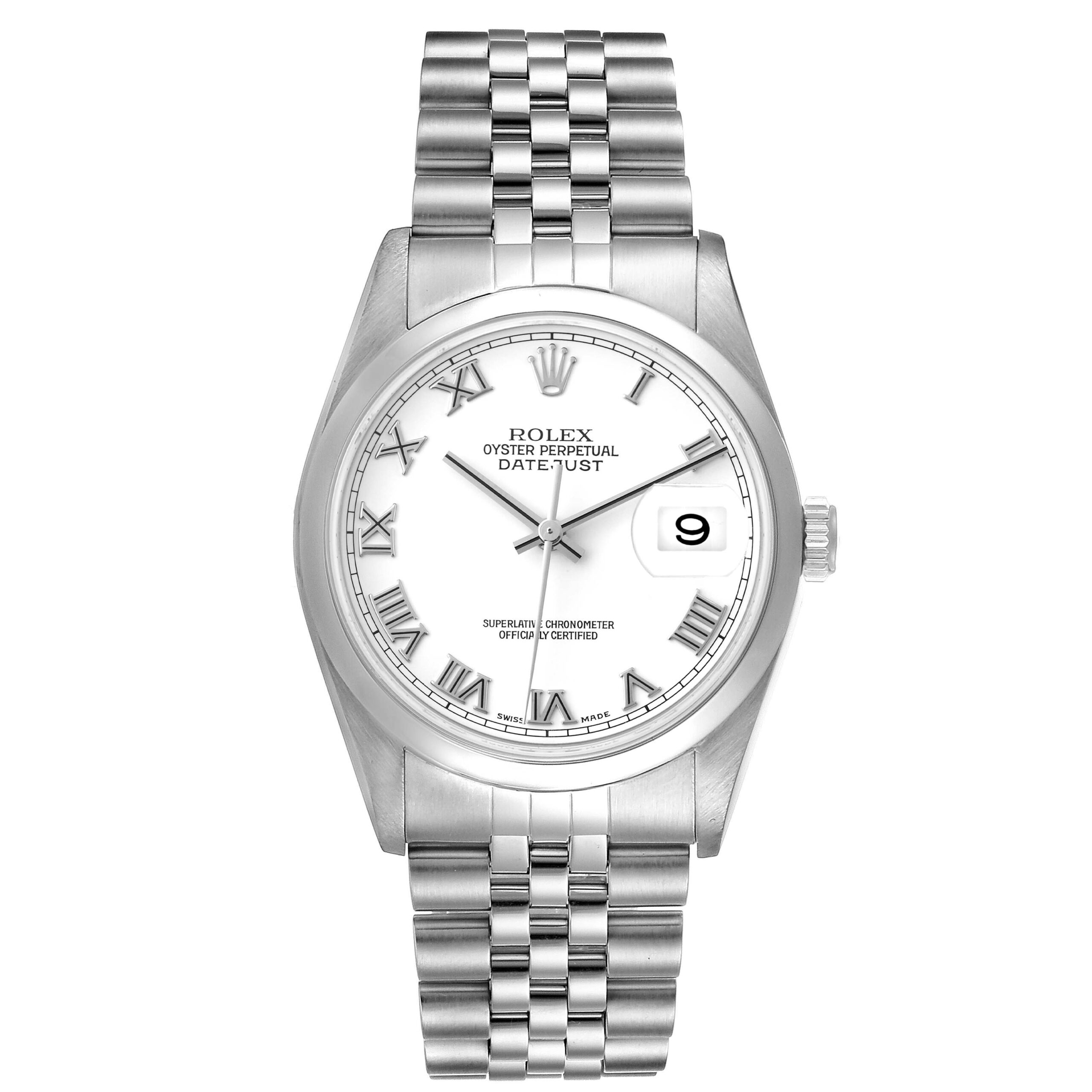 Rolex Datejust White Roman Dial Steel Mens Watch 16200 Box Papers