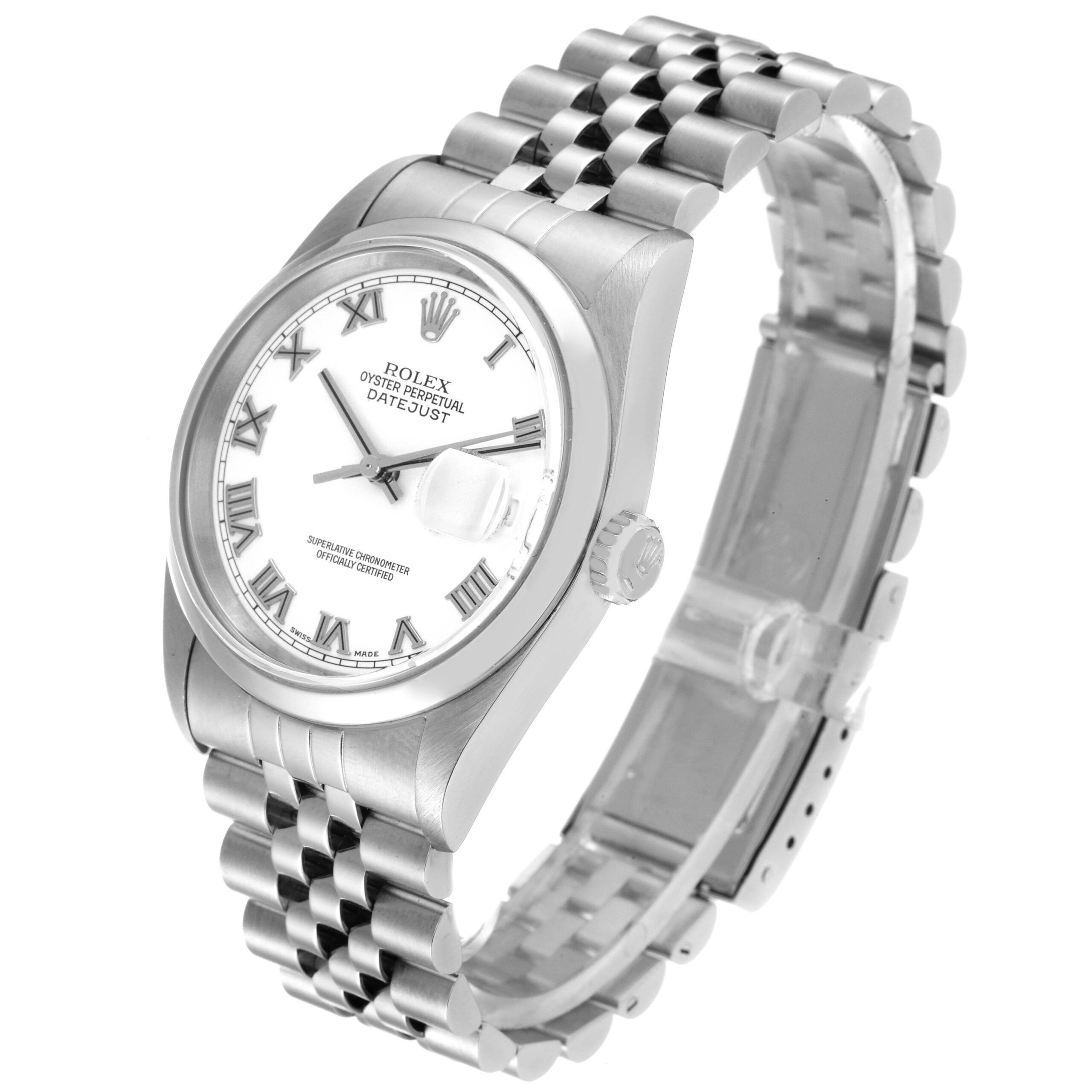 Rolex Datejust White Roman Dial Steel Mens Watch 16200 Box Papers