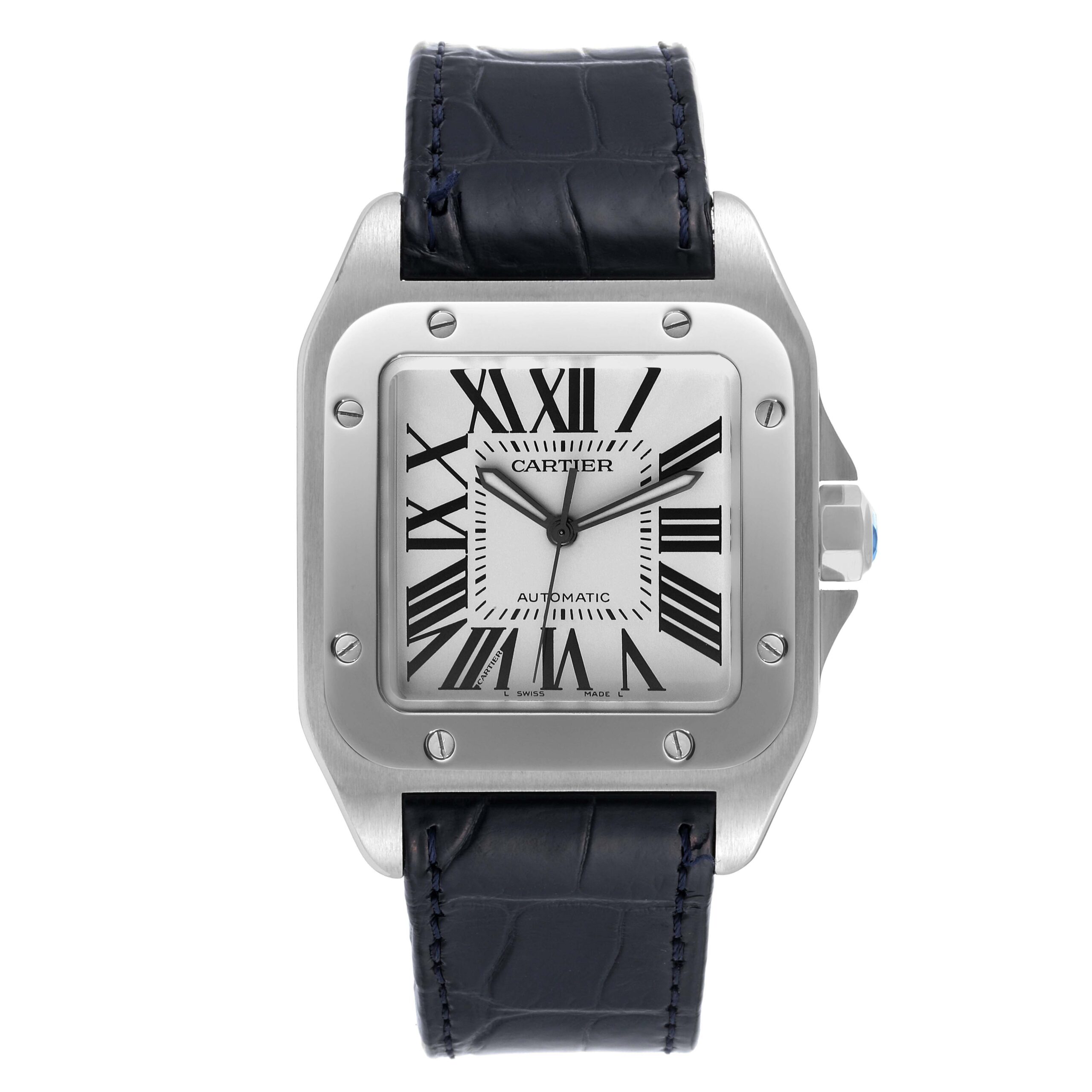 Cartier Santos 100 Silver Dial Black Strap Steel Mens Watch W20073X8