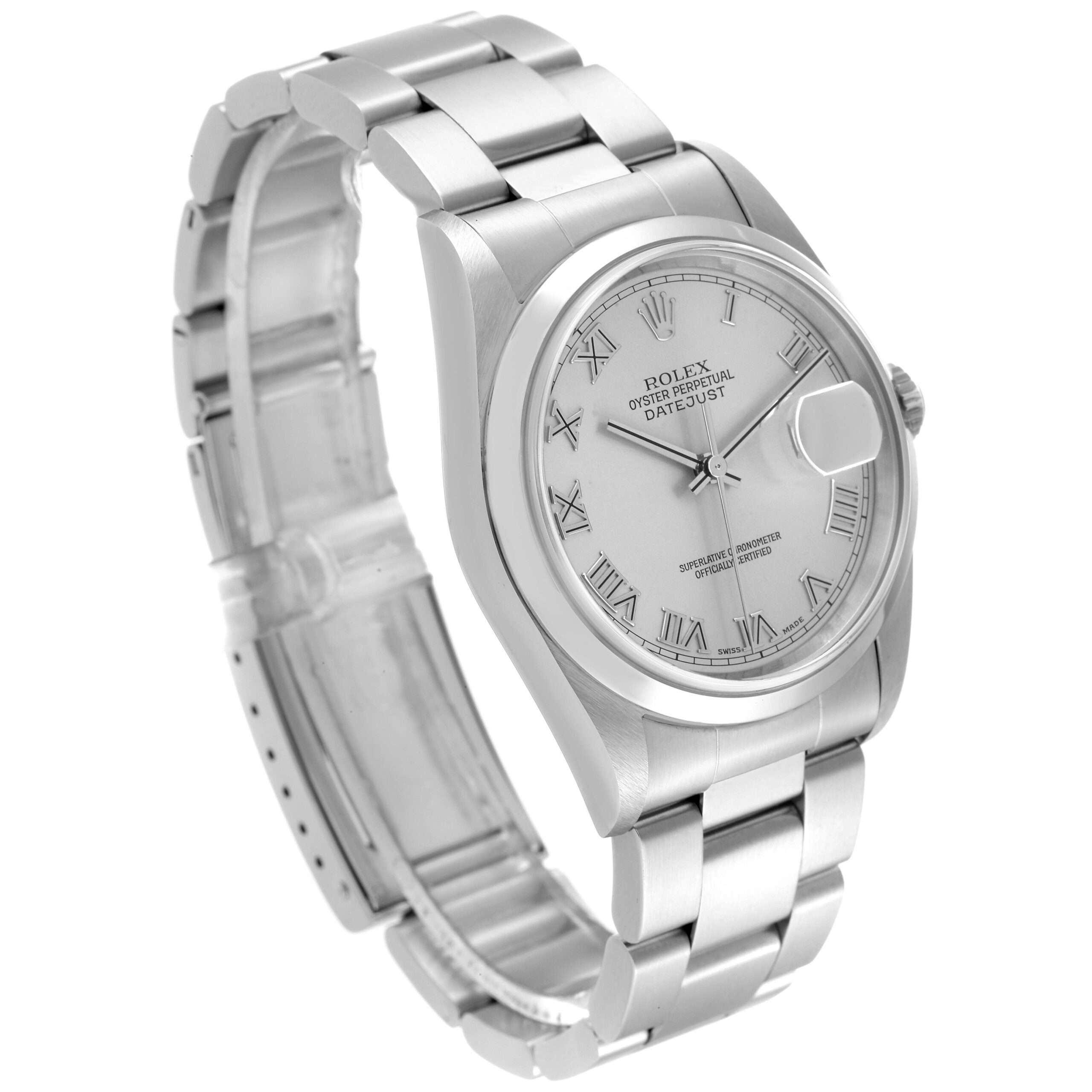 Rolex Datejust 36 Silver Roman Dial Steel Mens Watch 16200 Box Papers