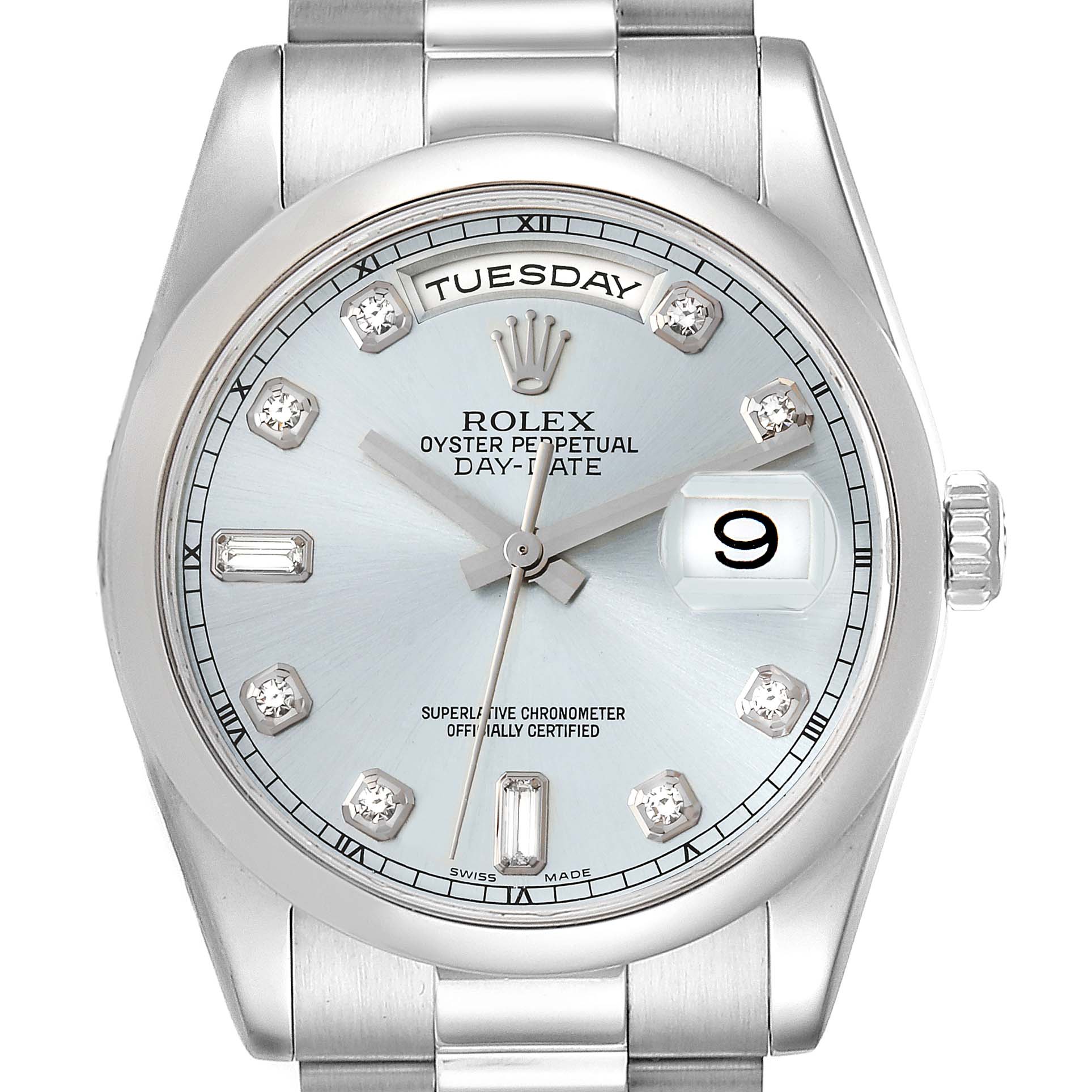 Rolex Day-Date President Platinum Ice Blue Diamond Dial Mens Watch 118206