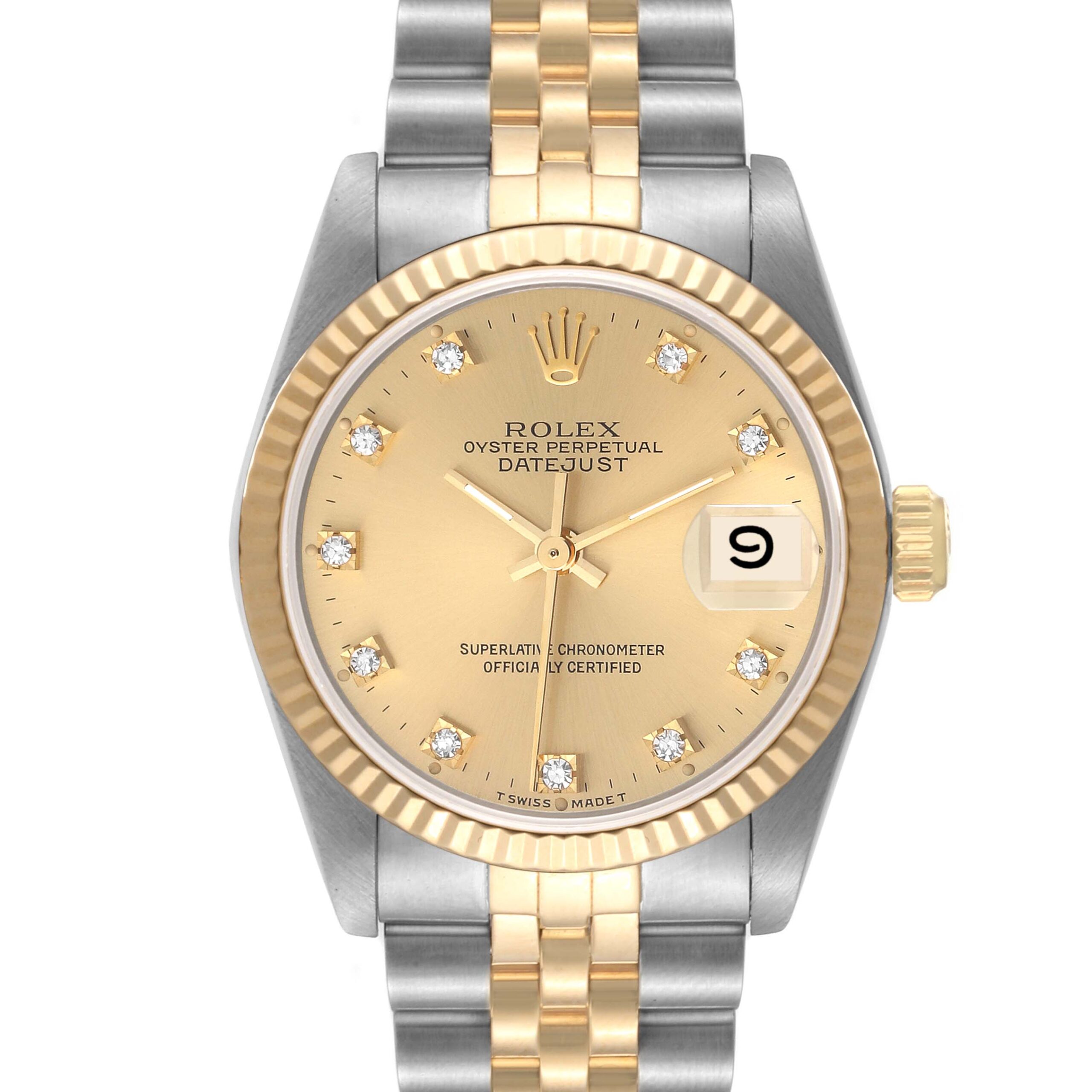 Rolex Datejust Midsize Steel Yellow Gold Diamond Dial Watch 68273 Box Papers