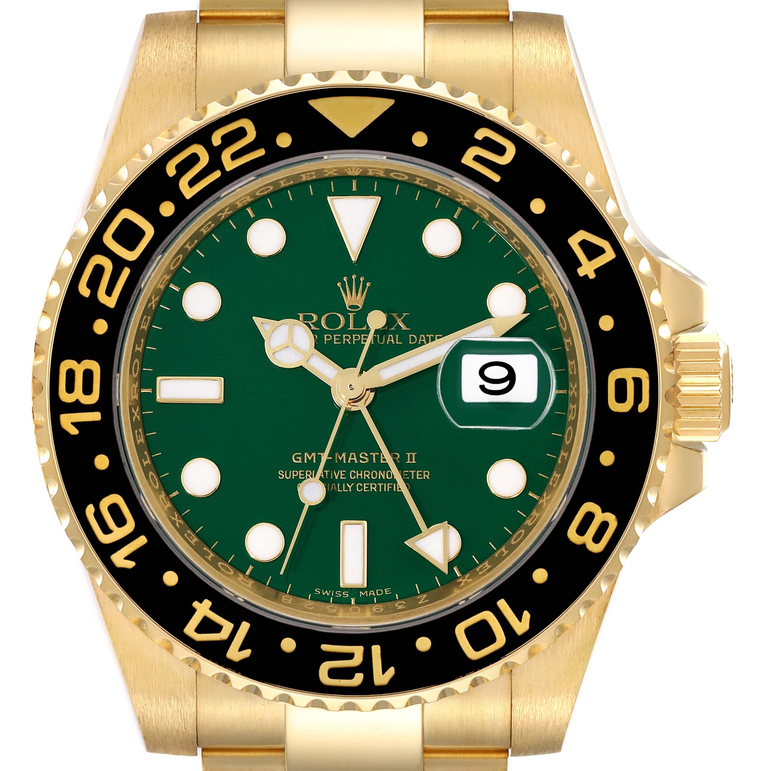 Rolex GMT Master II 18K Yellow Gold Green Dial Mens Watch 116718