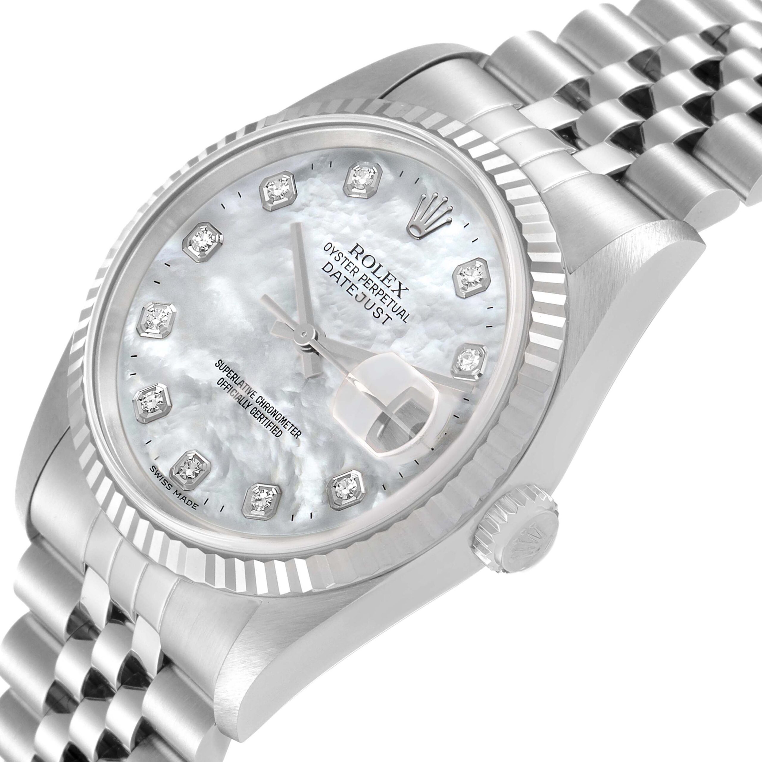 Rolex Datejust Steel White Gold Mother of Pearl Diamond Mens Watch 16234