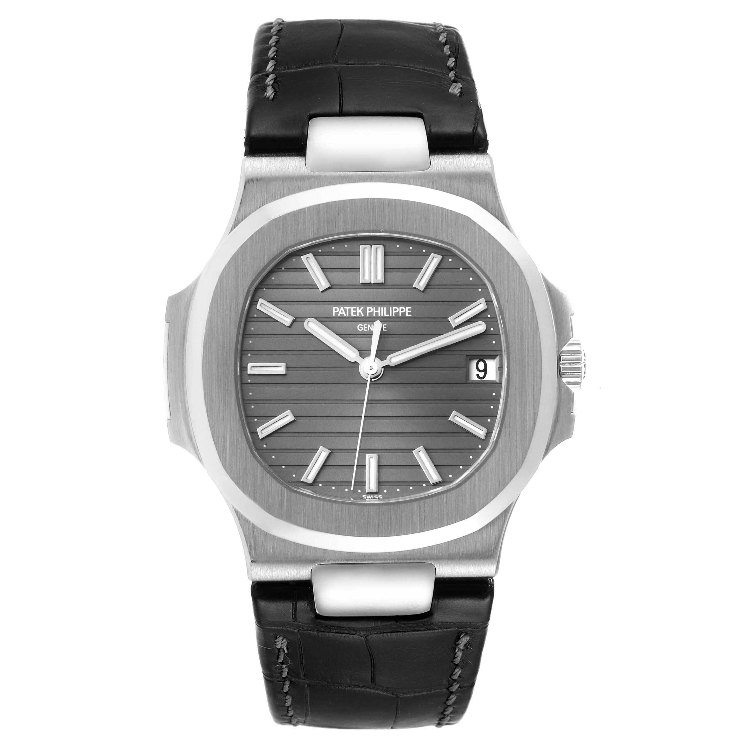 Patek Philippe Nautilus 18K White Gold Black Strap Mens Watch 5711 Box Papers