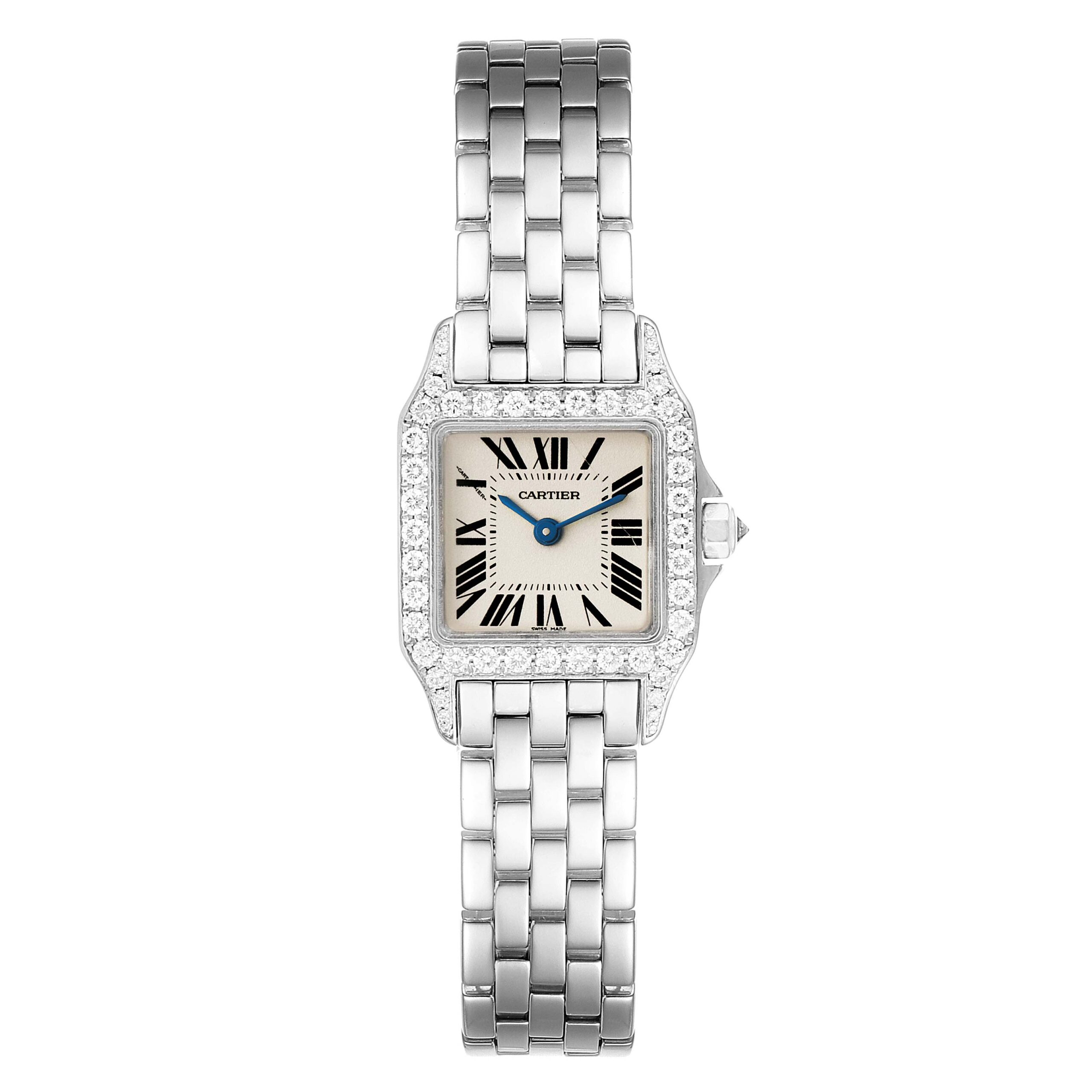 Cartier Santos Demoiselle White Gold Diamond Ladies Watch WF9005Y8 Box Papers
